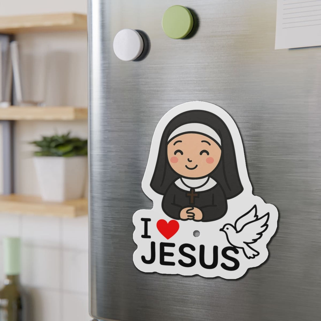 STK48 I Love Jesus Fridge Magnet – Cute Nun with Dove Design – Christian Catholic Refrigerator Decor Gift for Believers