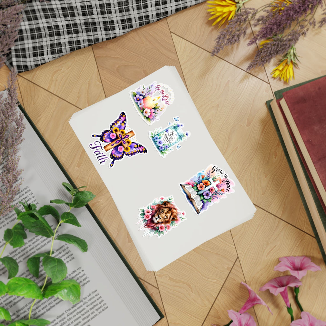 STK75  Christian Floral Sticker Pack – Faith, Be the Light, Grow in Grace Waterproof Vinyl Decals for Laptop, Water Bottle, Bible Journal