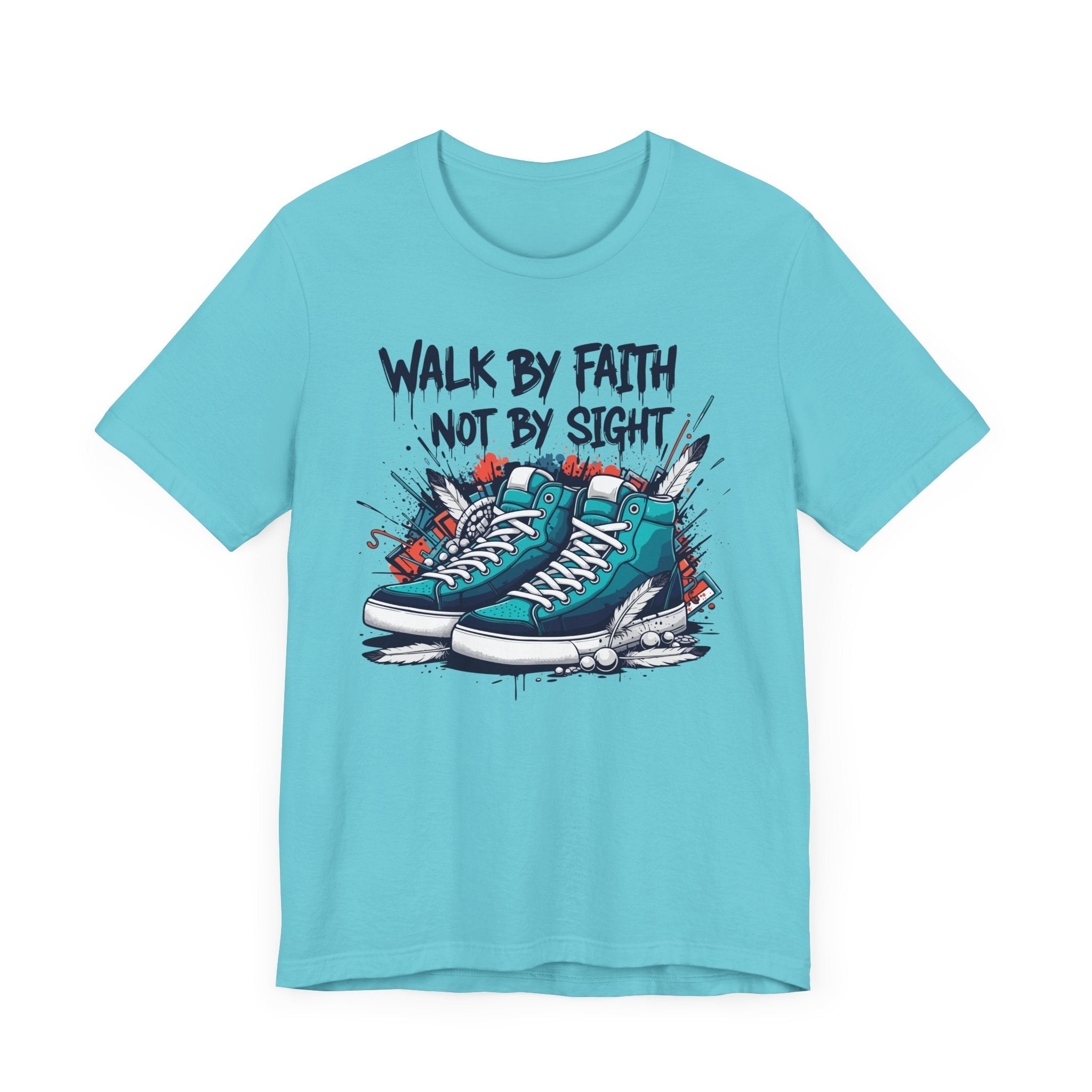 Walk By Faith Not By Sight Christian T-Shirt – Inspiring Bible Verse Tee for Believers – Bold Sneaker Graphic Shirt