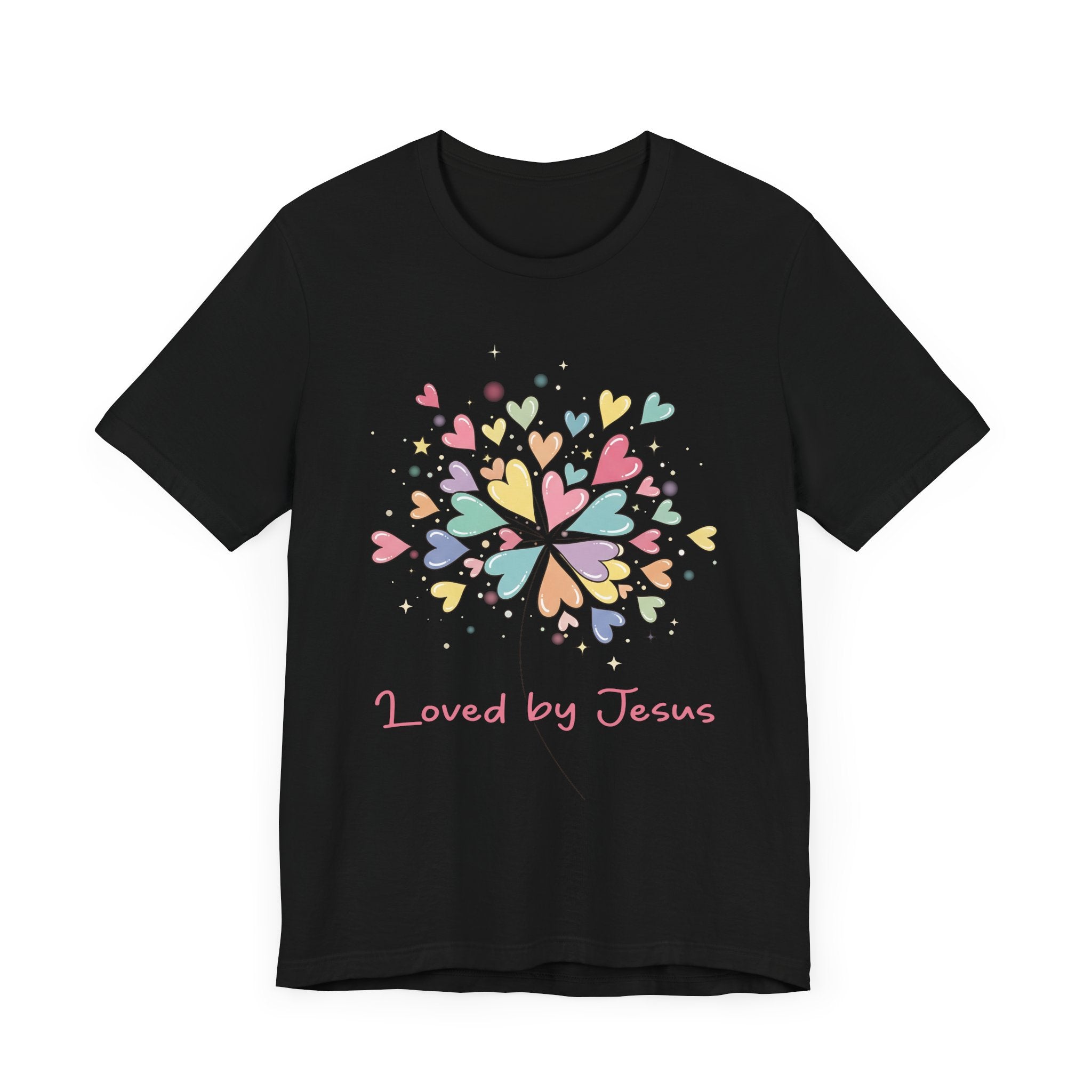 Loved by Jesus Shirt – Cute Christian T-Shirt with Colorful Hearts, Faith Graphic Tee, Bible Verse Gift for Women, God’s Love Apparel