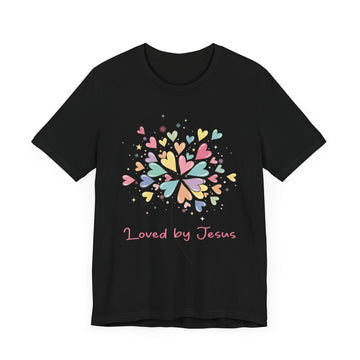Loved by Jesus Shirt – Cute Christian T-Shirt with Colorful Hearts, Faith Graphic Tee, Bible Verse Gift for Women, God’s Love Apparel