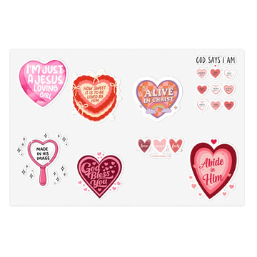 STK57 Christian Heart Sticker Sheet – Cute Faith Vinyl Decals for Girls, Bible Journaling, Laptop, Water Bottle – God Says I Am, Abide in Him, Jesus Girl