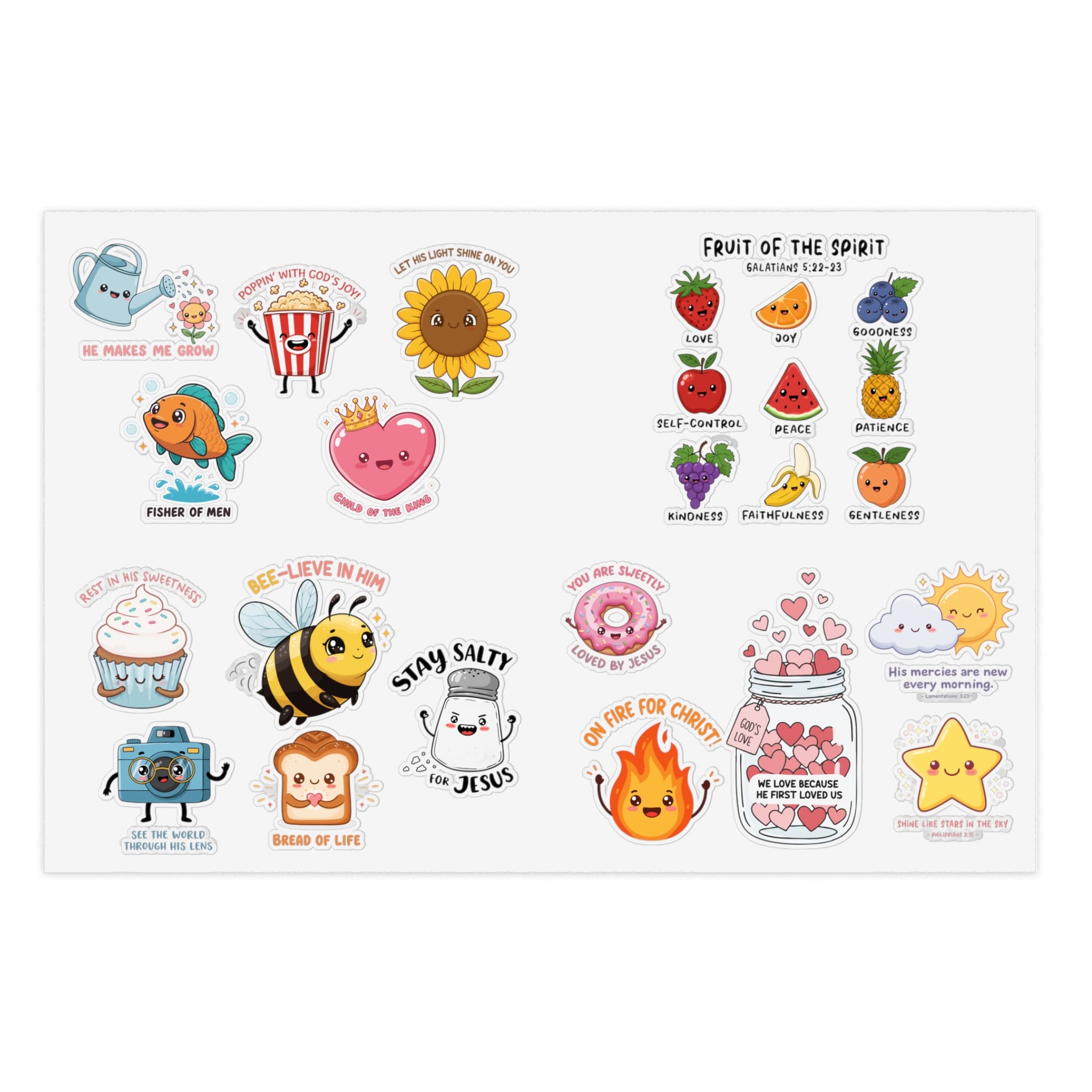 STK85 Christian Cute Sticker Sheet, Fruit of the Spirit Vinyl Decals, Bible Verse Faith Stickers, Jesus Inspirational Quotes, Kids Christian Gift