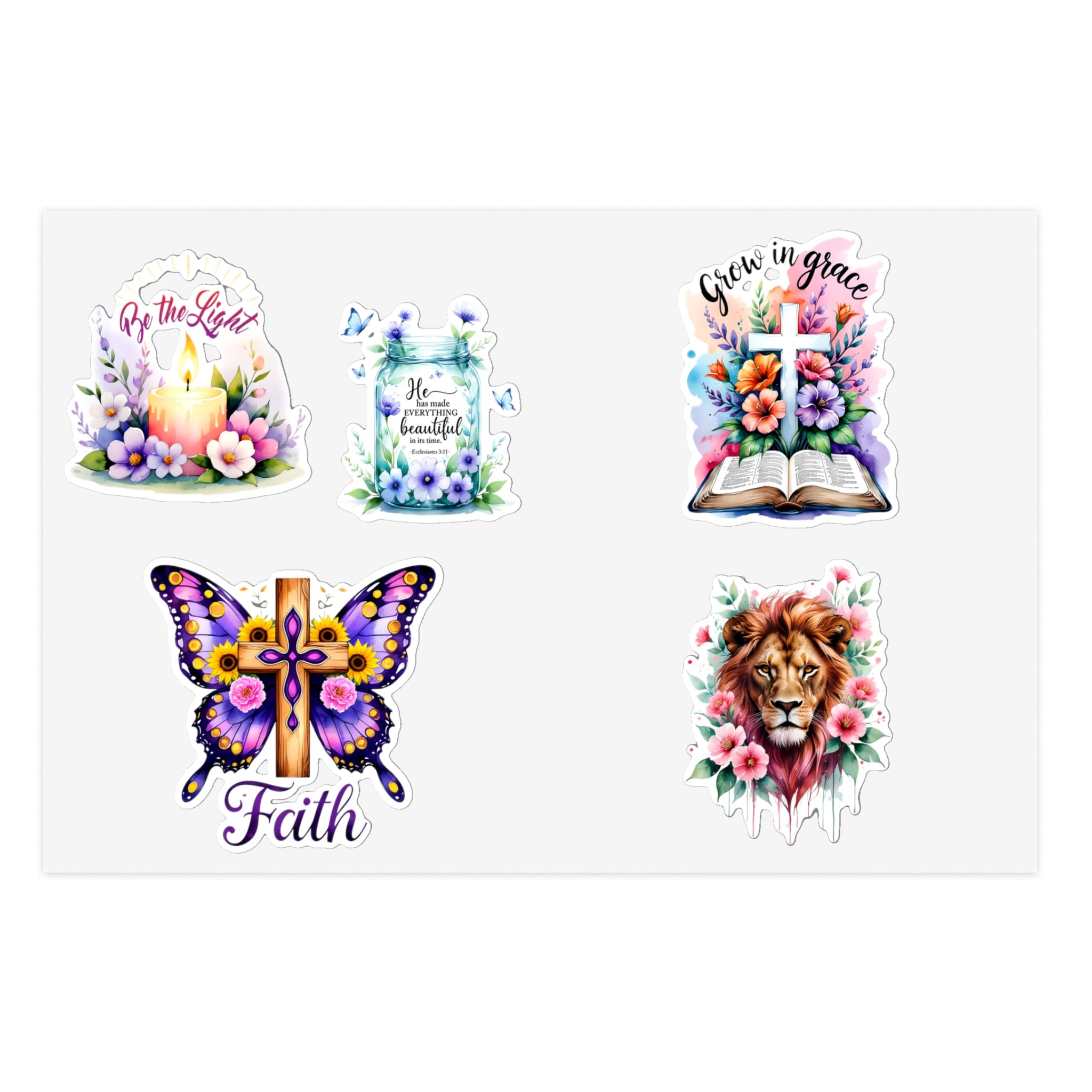 STK75  Christian Floral Sticker Pack – Faith, Be the Light, Grow in Grace Waterproof Vinyl Decals for Laptop, Water Bottle, Bible Journal