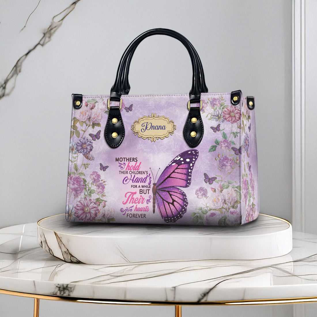 HB88 - Personalized Mom Butterfly Handbag – Mothers Hold Their Children's Hand But Heart Forever – Floral Christian Gift for Her