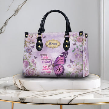 HB88 - Personalized Mom Butterfly Handbag – Mothers Hold Their Children's Hand But Heart Forever – Floral Christian Gift for Her