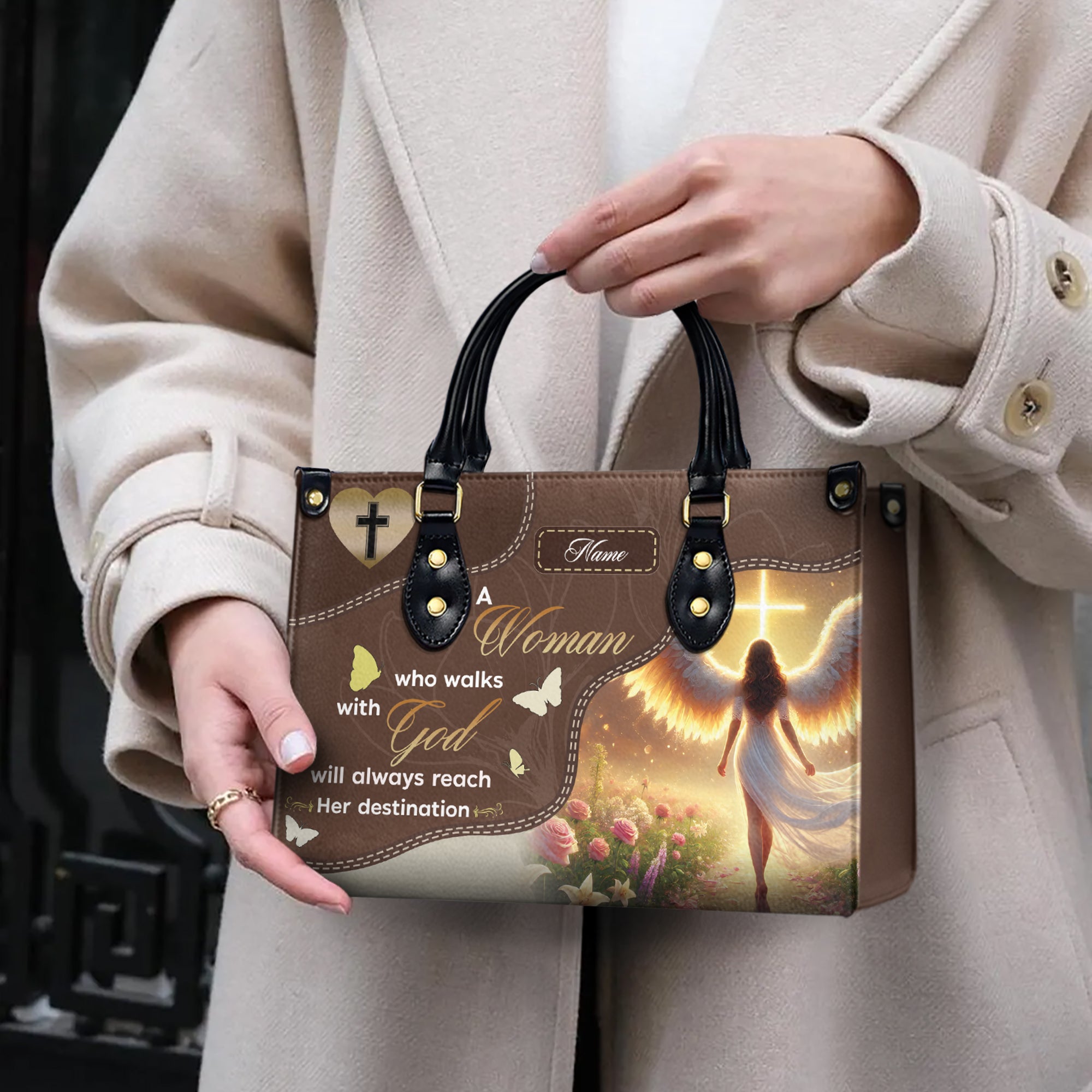 HB54-personalized christian handbag with angel design, custom name faith purse for women, religious quote pu leather bag gift