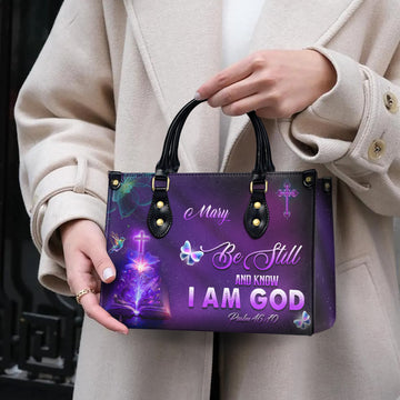 HB59-Custom Christian handbag with purple glow, cross, and Psalm 46:10 – “Be Still and Know I Am God” – faith gift for women