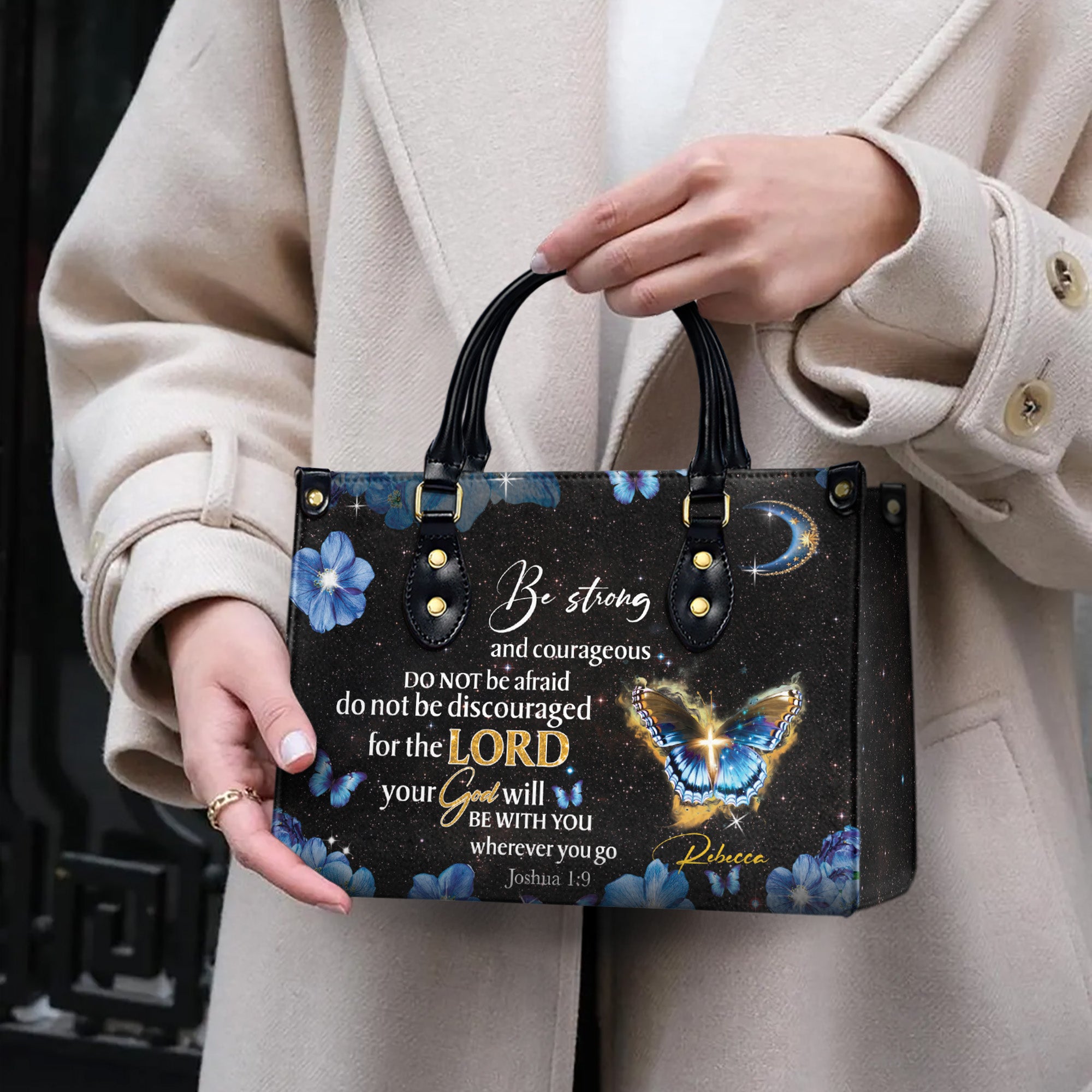 HB60-custom name christian handbag for women, butterfly and flower purse with joshua 1 9 verse, be strong faith scripture bag