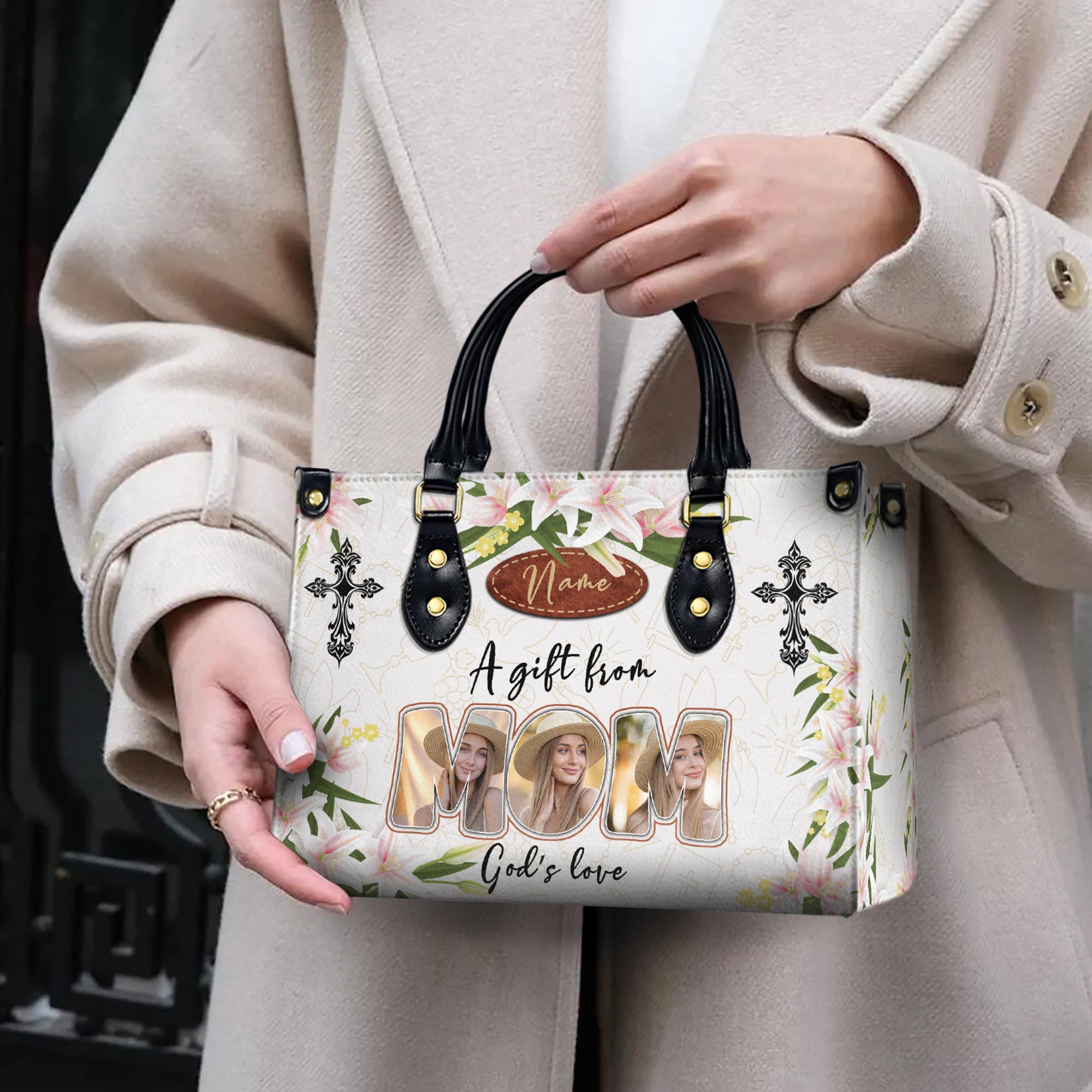 HB83-Custom Name Christian Mom Photo Handbag – A Gift from God’s Love, Personalized Floral Tote Bag for Mother