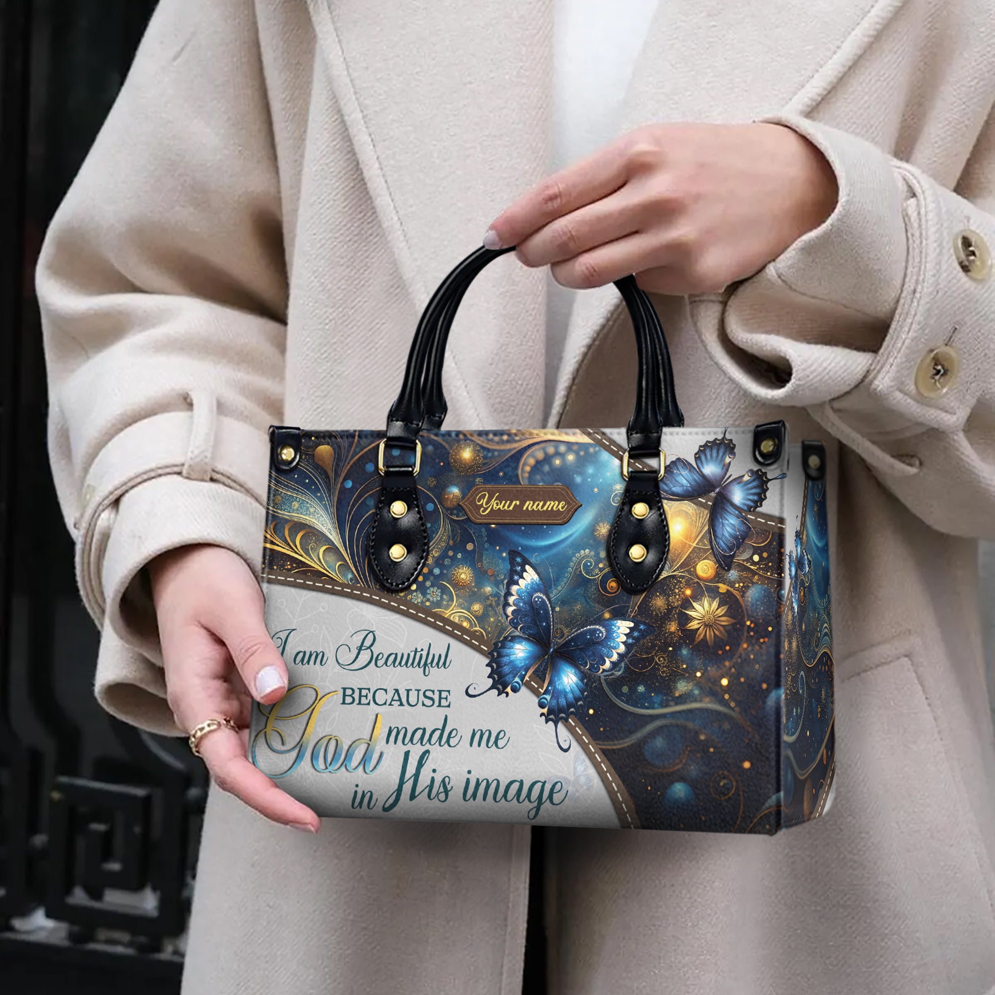 HB75-✨ Custom Christian Handbag for Women – God Made Me in His Image – Faith Butterfly Purse – Inspirational Gift – Religious Tote Bag