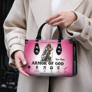 HB56-personalized armor of god handbag for women, christian custom name purse with ephesians 6 10 verse, pink leather faith bag
