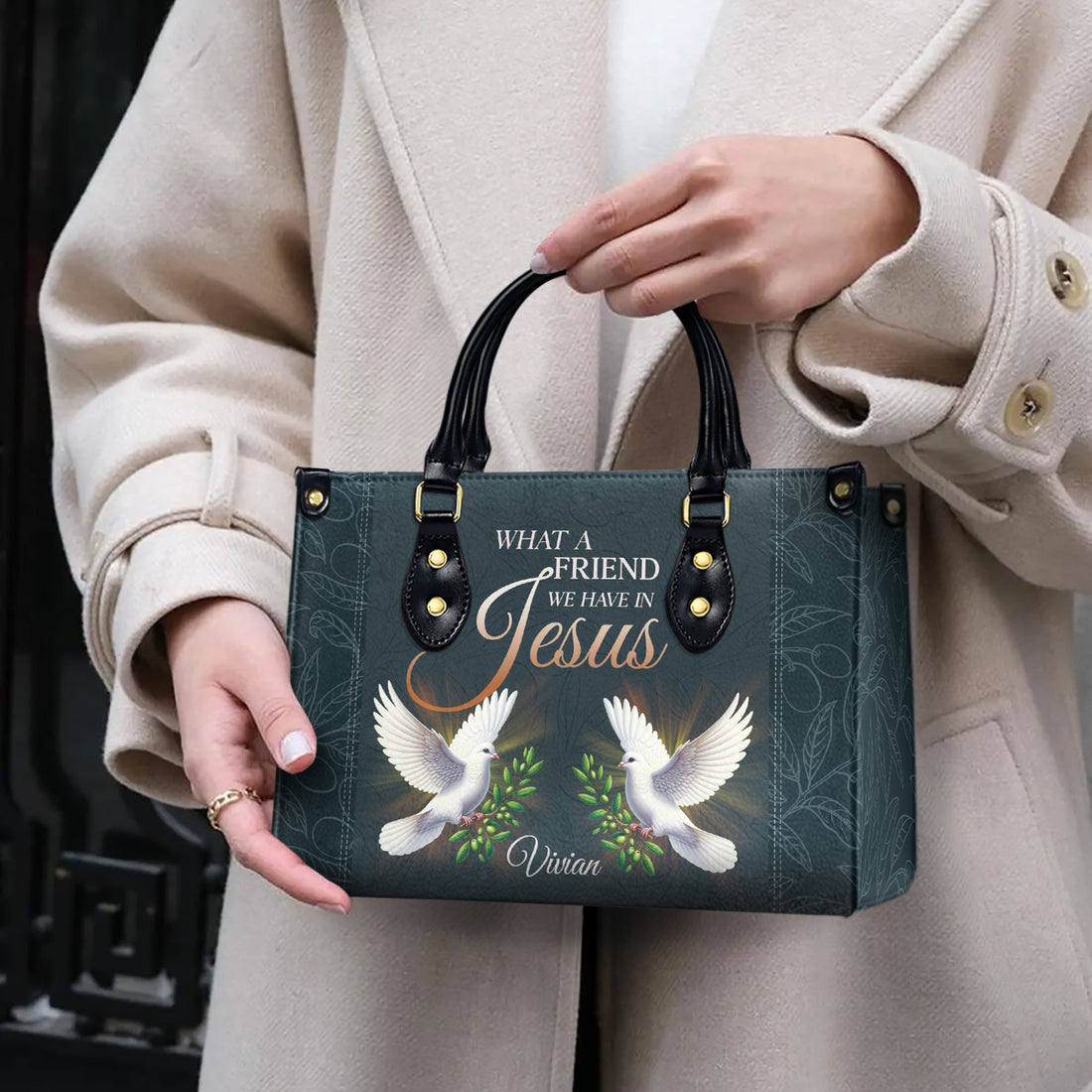 HB96 - Personalized Christian Handbag – What a Friend We Have in Jesus with Doves | Custom Name Faith Purse for Women