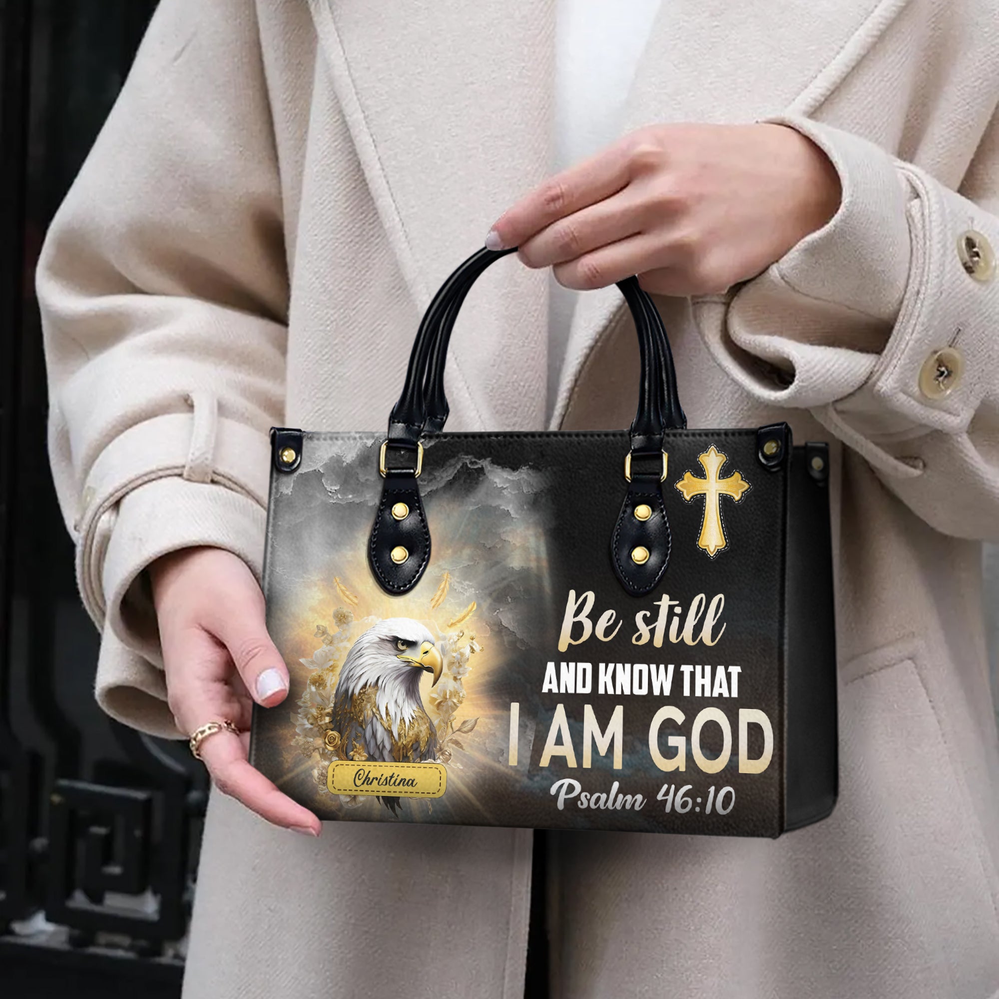HB58-personalized christian handbag with eagle and cross, custom name faith purse for women, be still and know bag psalm 46 10