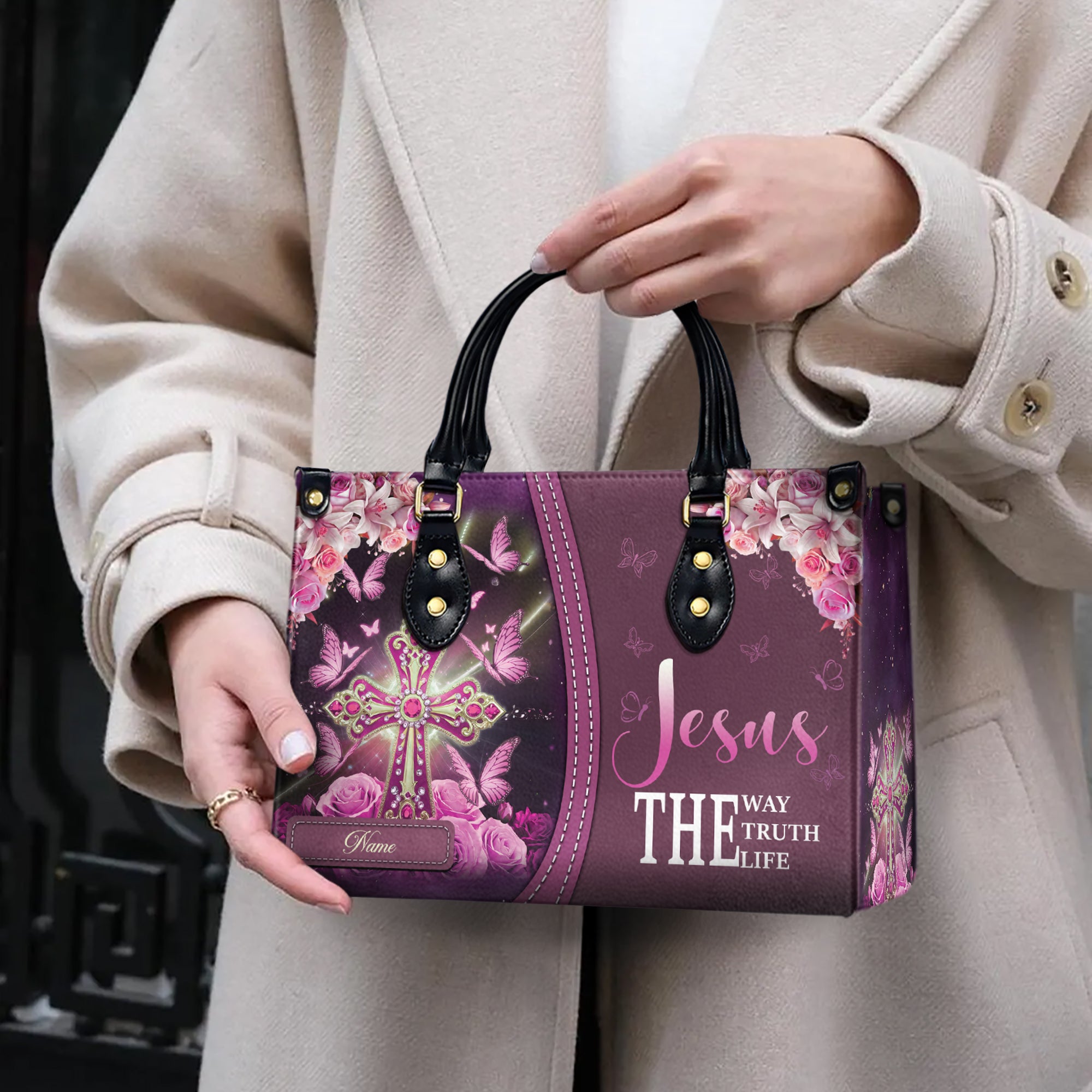 HB80-Custom Faith Over Fear Handbag – Christian Purse with Butterflies & Flowers – Inspirational Gift for Women – Personalized Tote Bag