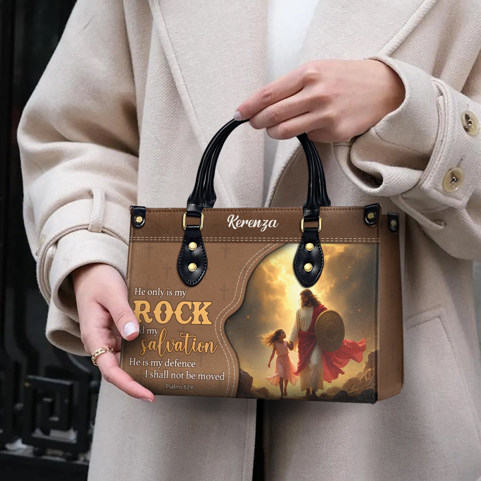 HB73-Christian Handbag with Jesus and Little Girl – Psalm 62:6 Scripture Bag – Faith-Based Purse with Custom Name – Religious Gift for Women