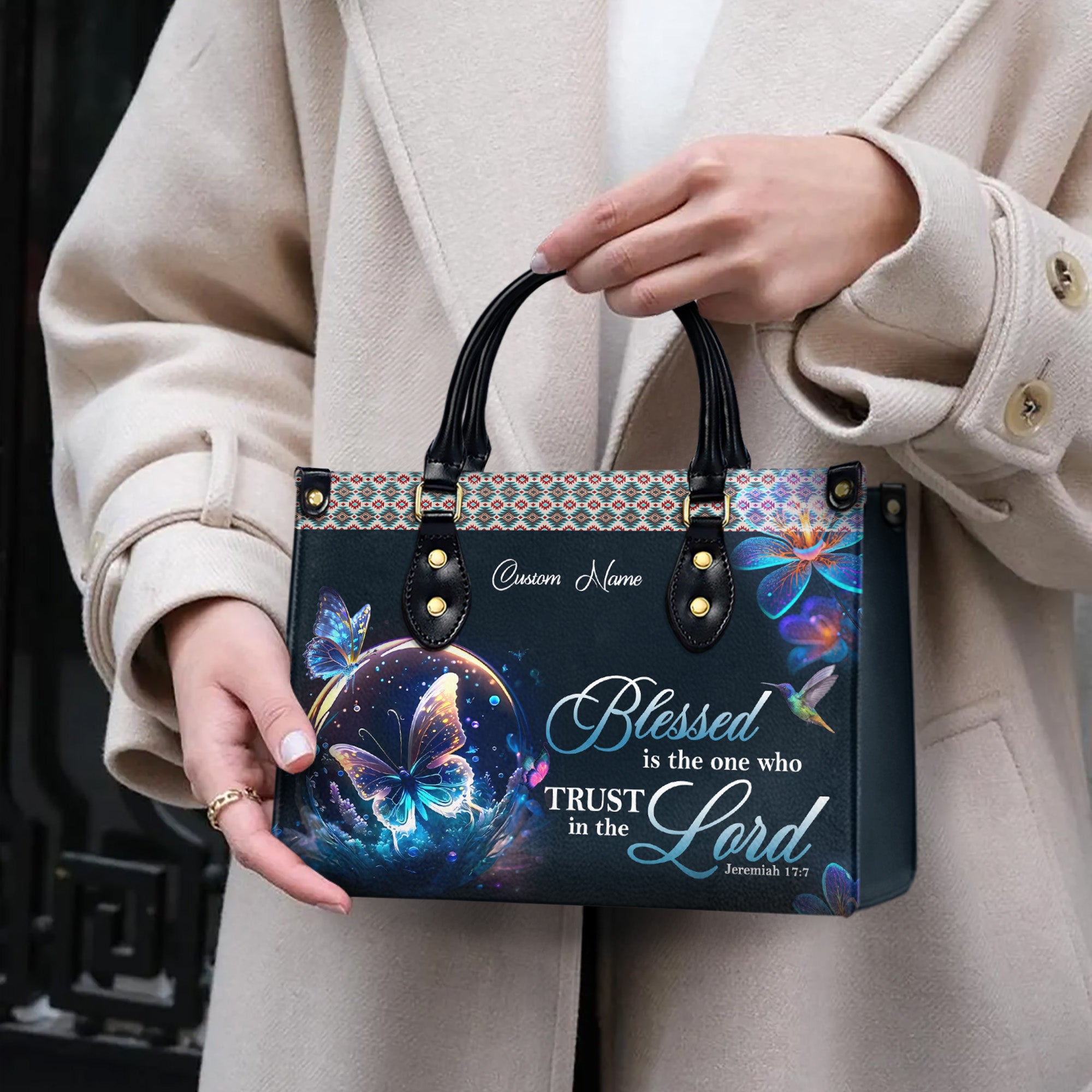 HB63-custom christian handbag for women with name, butterfly floral purse with jeremiah 17 7 verse, trust in the lord bible faith bag