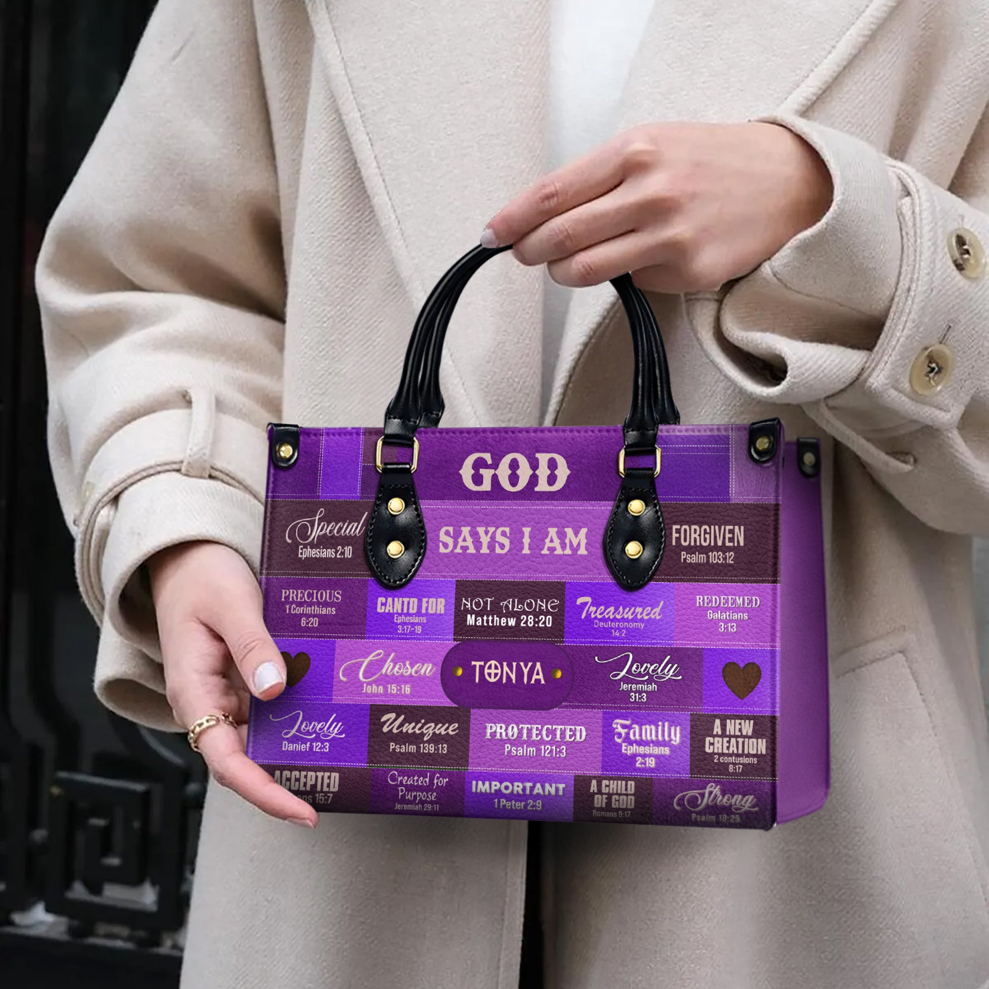 HB71-God Says I Am Christian Handbag – Custom Name Faith Purse for Women – Bible Verse Religious Gift – Purple Scripture Tote