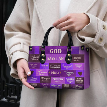 HB71-God Says I Am Christian Handbag – Custom Name Faith Purse for Women – Bible Verse Religious Gift – Purple Scripture Tote