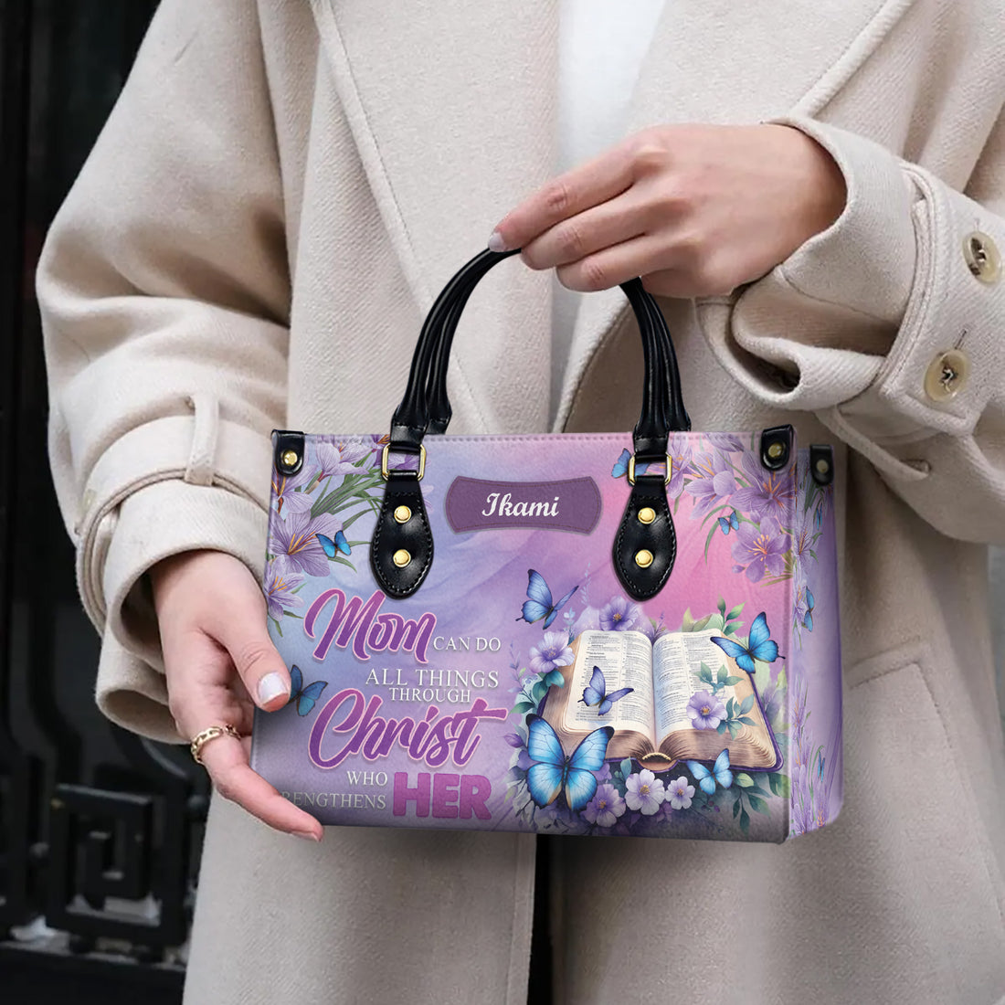HB84- Custom Christian Mom Handbag – All Things Through Christ Tote Bag – Personalized Bible Verse Purse for Mother Gift