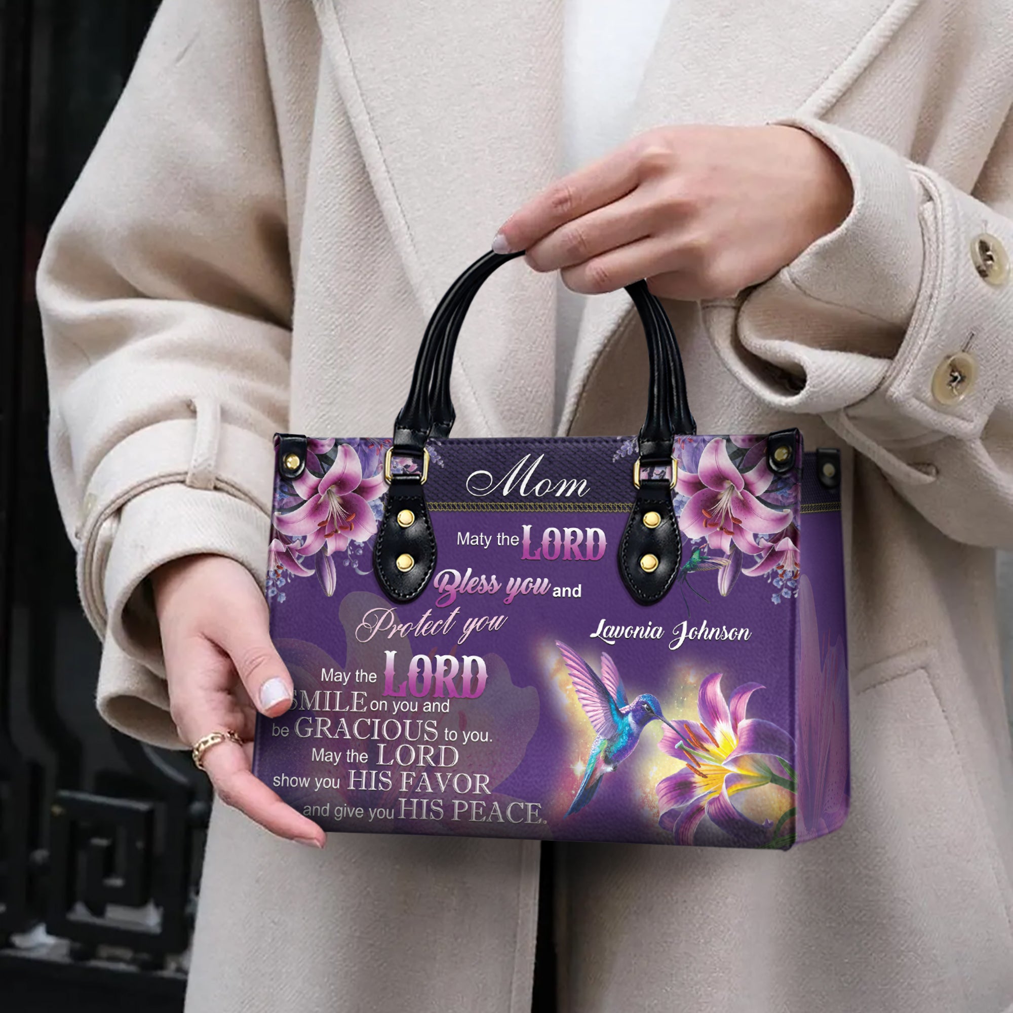 HB90 - Christian Mother Handbag with Bible Verse – Purple Floral Hummingbird Tote Bag – Religious Gift for Mom – Custom Faith Purse