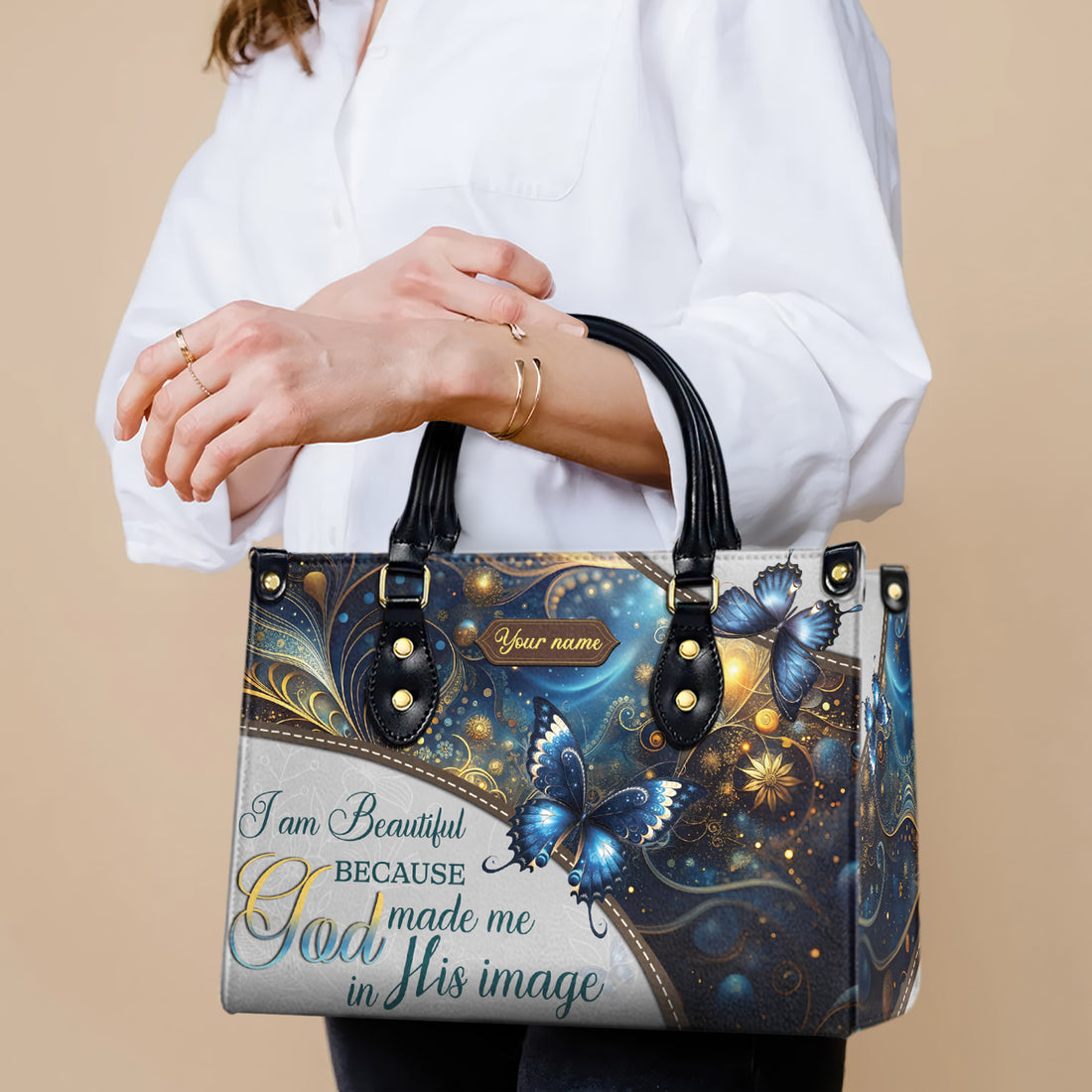 HB75-✨ Custom Christian Handbag for Women – God Made Me in His Image – Faith Butterfly Purse – Inspirational Gift – Religious Tote Bag