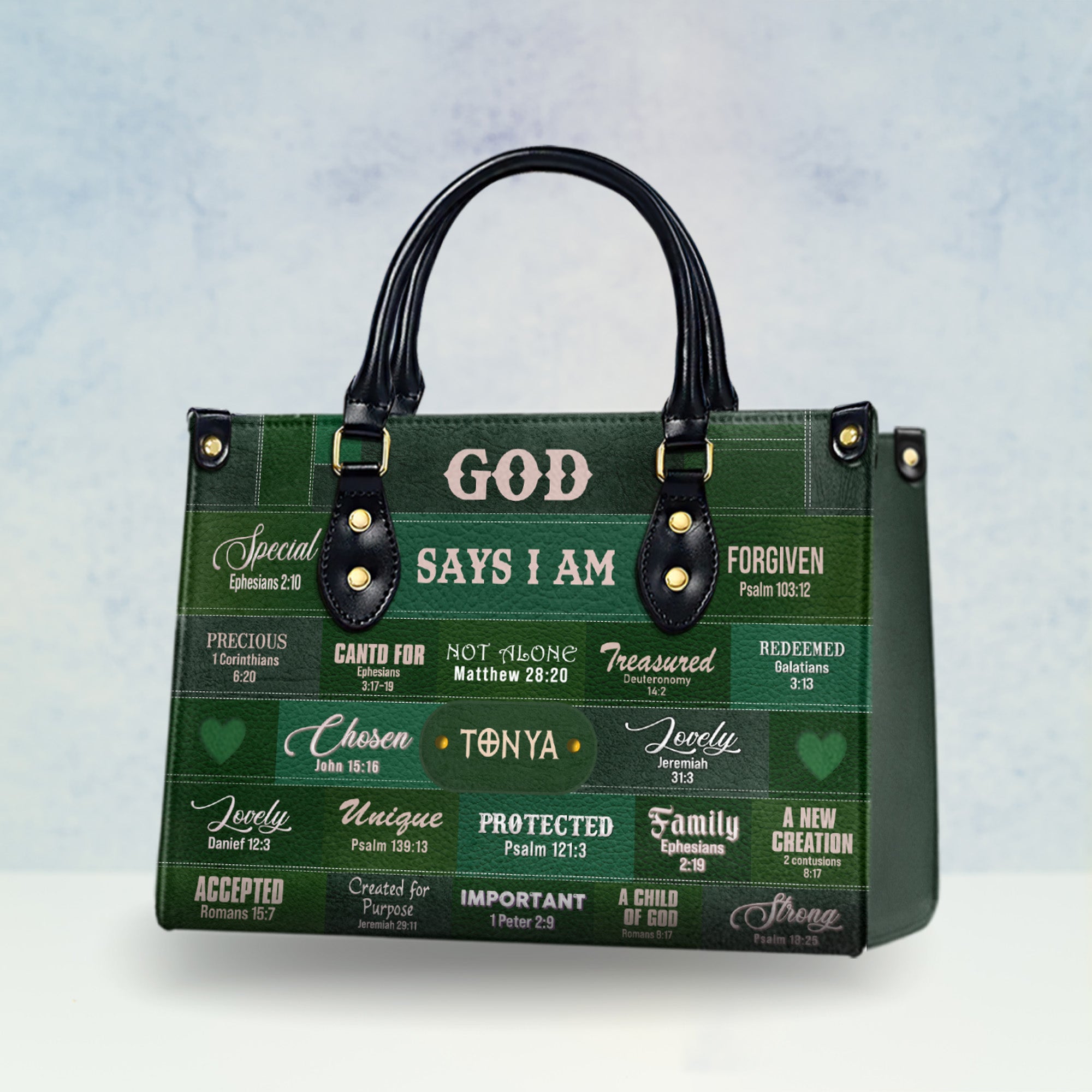 HB49-Christianartbag Handbags, God Says I Am Leather Handbag Green, Personalized Bags, Gifts for Women, Christmas Gift.