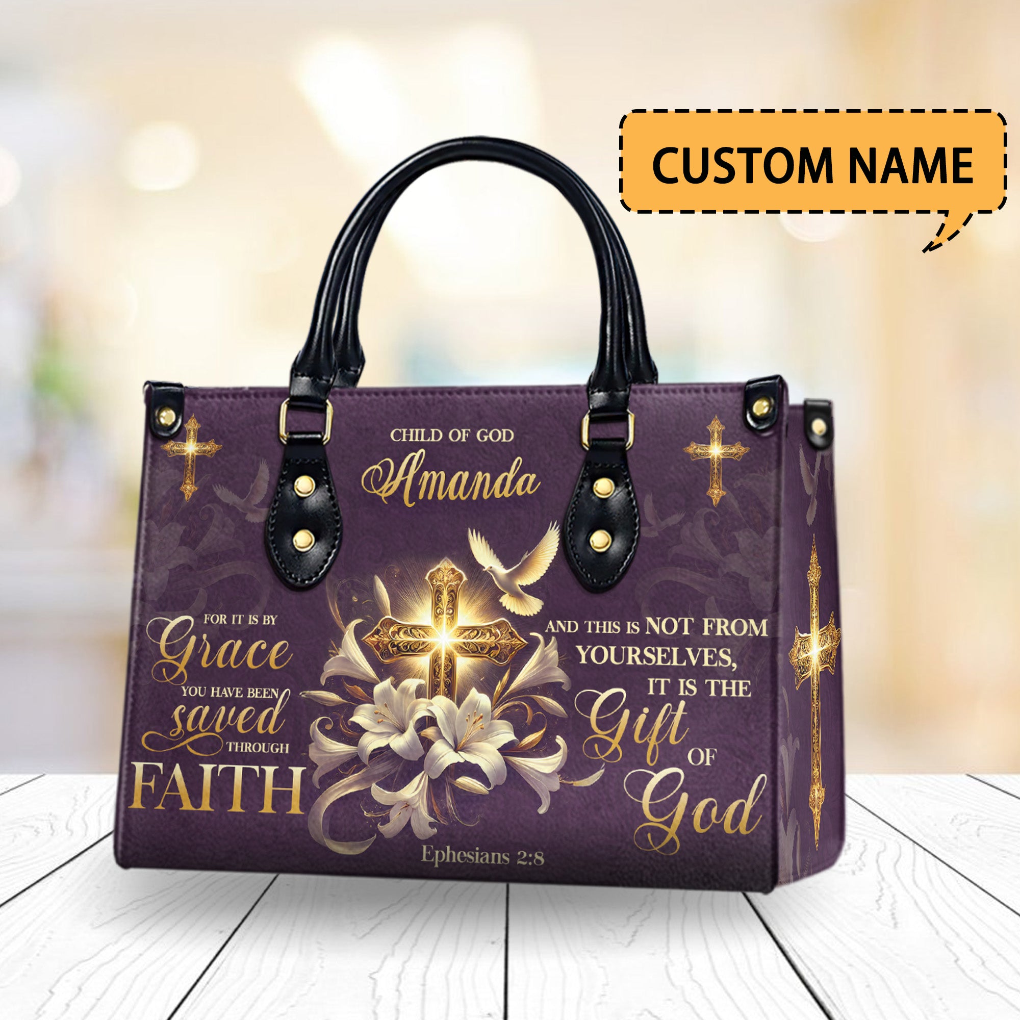 HB67-grace through faith christian handbag, personalized bible verse purse with name, ephesians 2:8 cross gift for religious women