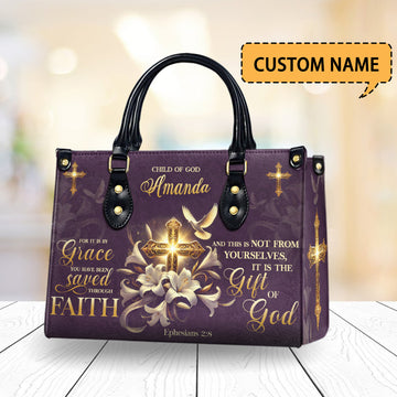 HB67-grace through faith christian handbag, personalized bible verse purse with name, ephesians 2:8 cross gift for religious women