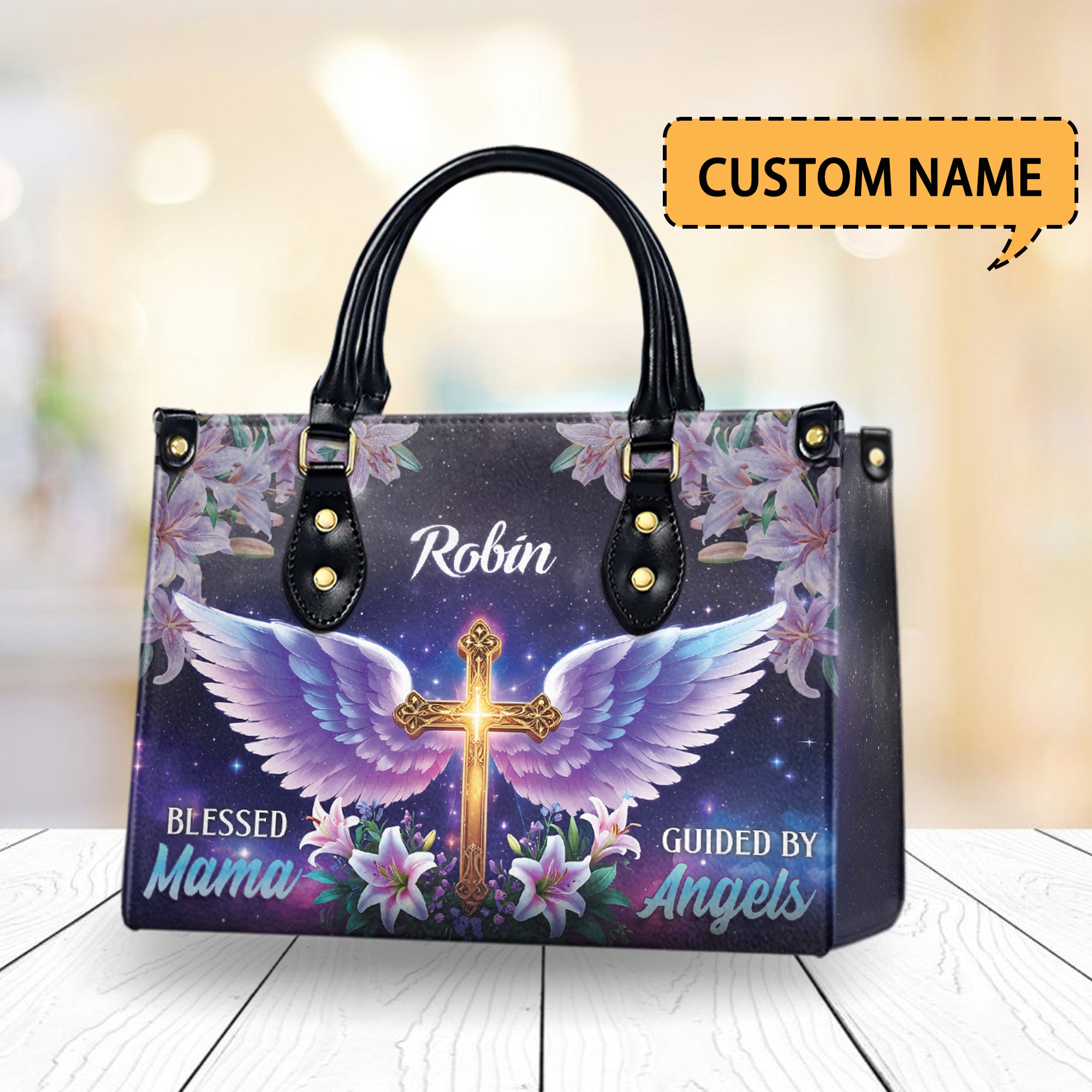 HB08-Personalized Christian PU Leather Handbag - Blessed Mama Guided by Angels Cross Wings Tote Bag Gift for Mom, Religious Purse