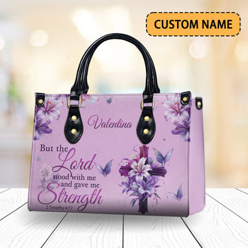 HB65-custom name christian handbag for women, lavender cross floral purse with butterflies, 2 timothy 4 17 verse the lord gave me strength bag