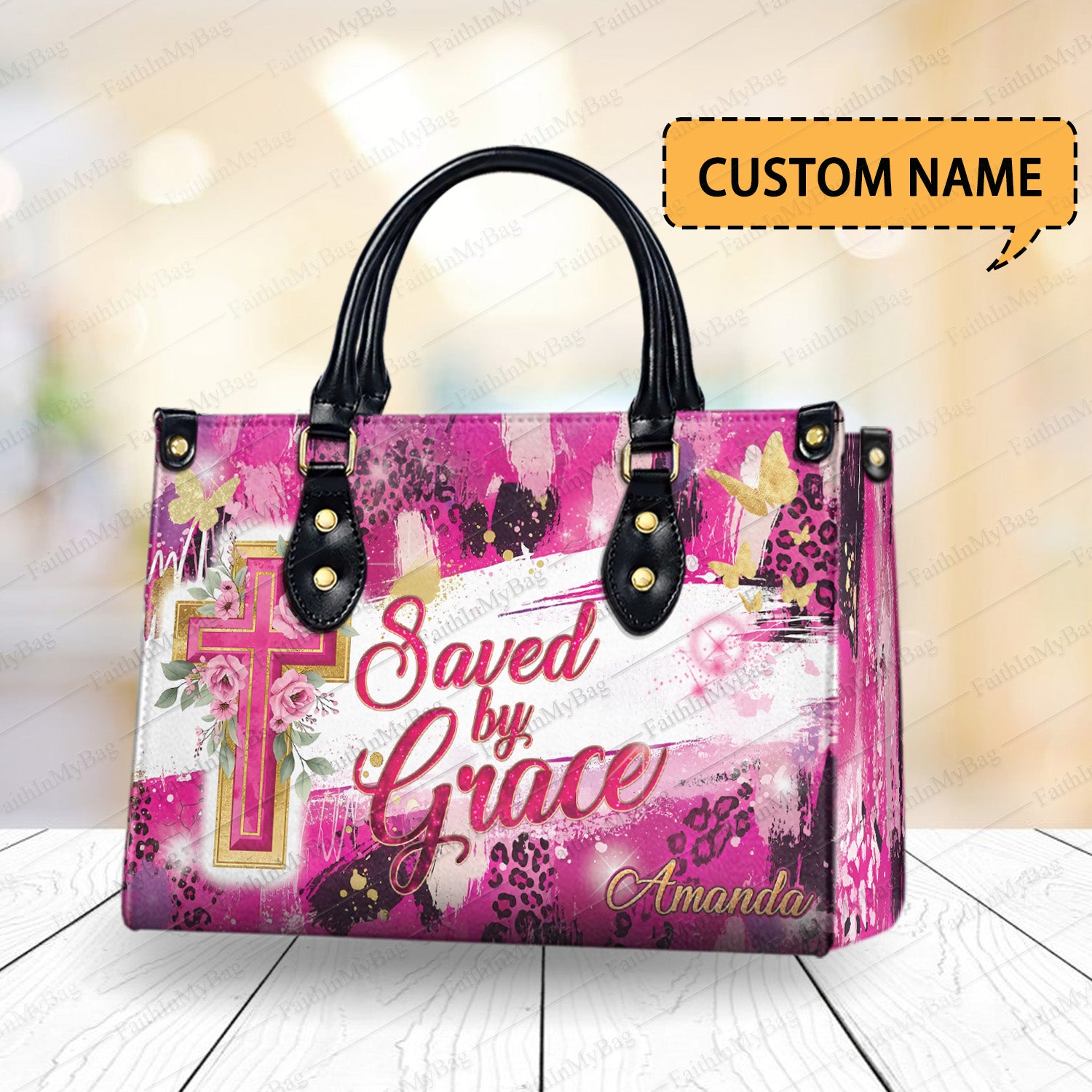 HB101-Custom Christian Handbag for Women, Saved by Grace Faith Tote Bag, Personalized Bible Verse Gift in Pink