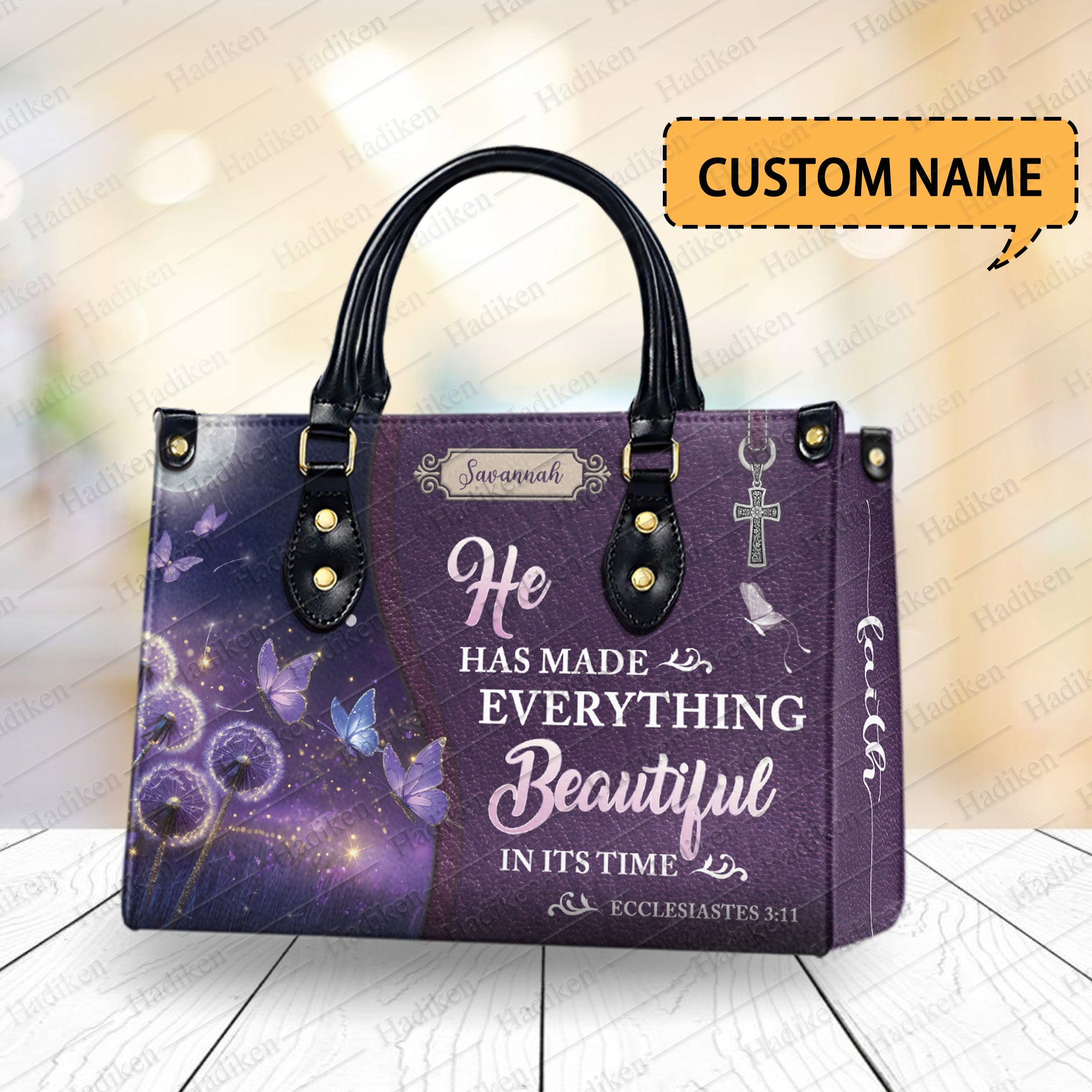 HB103 - Christian Handbag with Ecclesiastes 3:11 Verse, Custom Name Purple Faith Tote, Inspirational Gift for Women of God