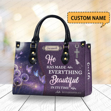 HB103 - Christian Handbag with Ecclesiastes 3:11 Verse, Custom Name Purple Faith Tote, Inspirational Gift for Women of God