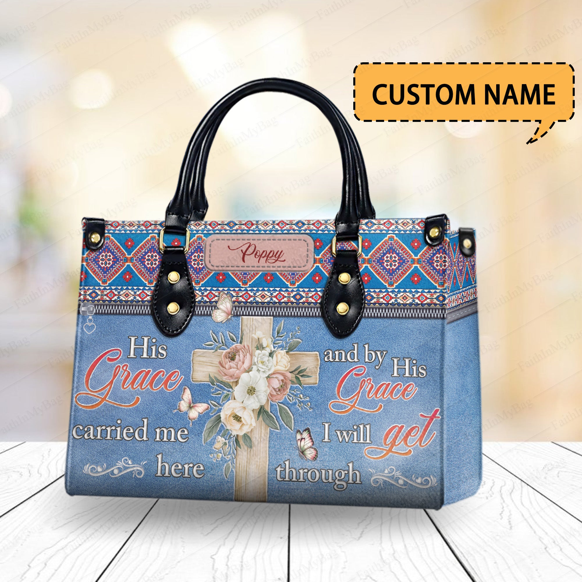 HB144 - Christian Handbag with Bible Verse – His Grace Carried Me Here – Personalized Faith Purse, Custom Name Gift for Women