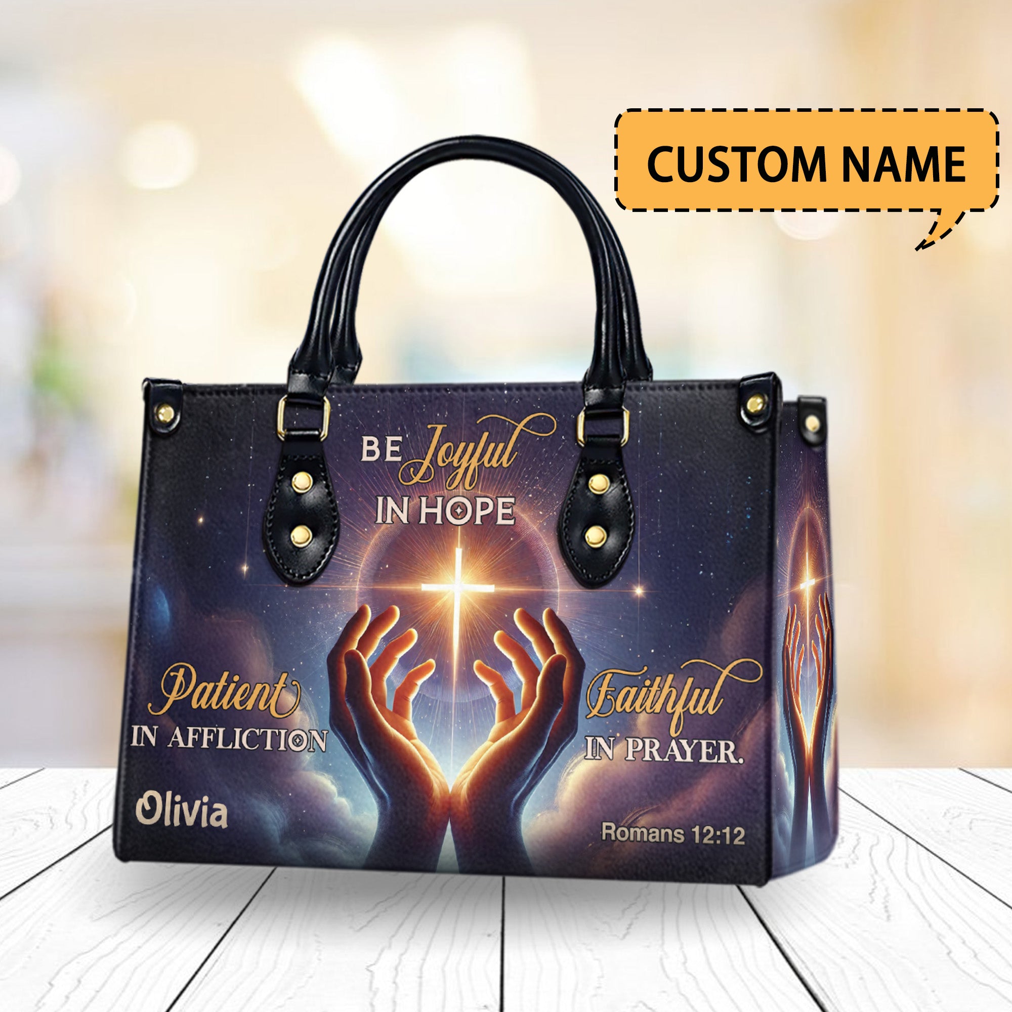 HB57-personalized christian handbag with romans 12 12 verse, custom name prayer purse, joyful in hope faith gift for women