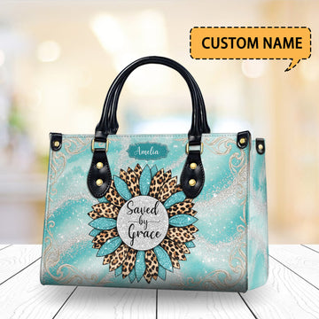 HB104 Saved by Grace Custom Handbag – Christian Purse with Name, Leopard Sunflower Faith Bag for Women, Religious Gift Idea