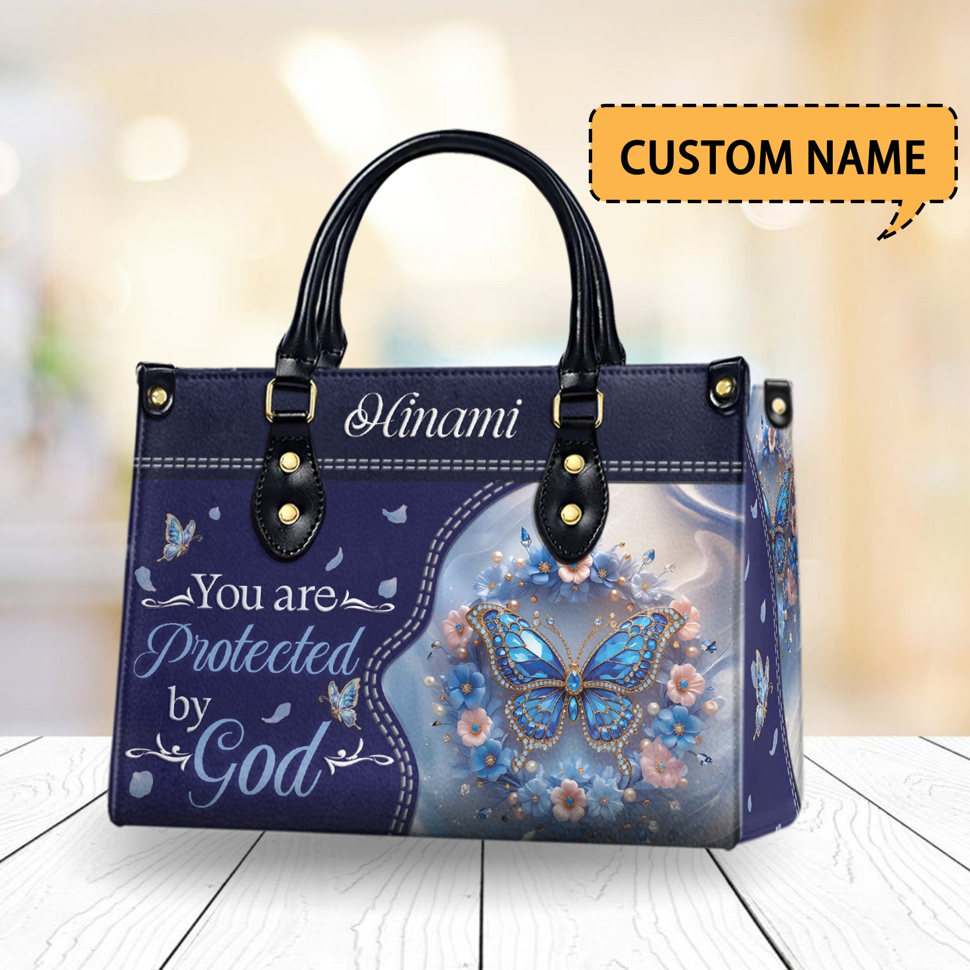 HB06-Christian PU Leather Handbag for Women – You Are Protected by God, Blue Butterfly Crossbody Tote, Faith-Based Gift, Stylish Purse