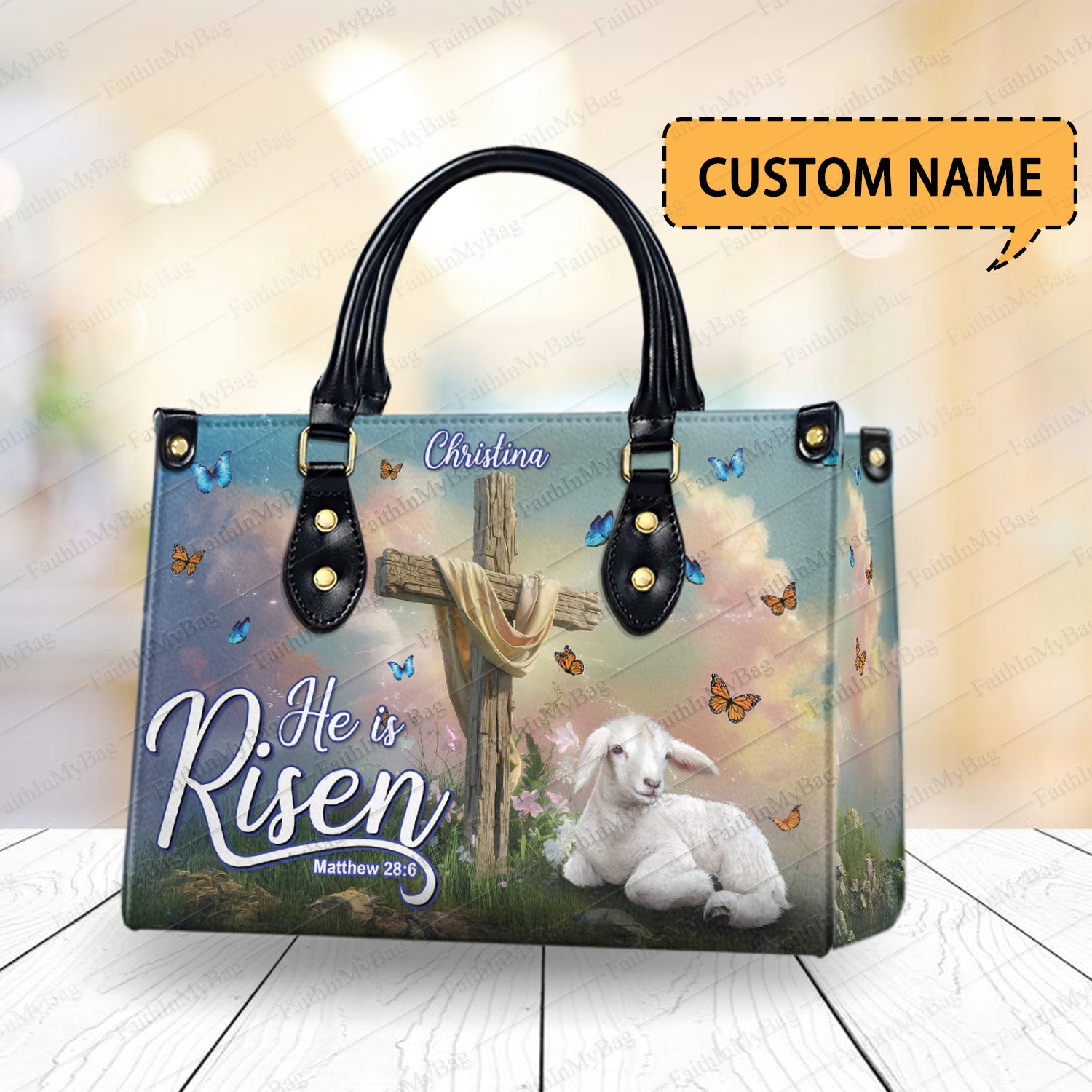 HB23-Custom Name Christian Leather Handbag - He Is Risen Easter Bag, Jesus Cross, Lamb, Personalized Religious Gift for Women, Mom, Jesus Lovers.