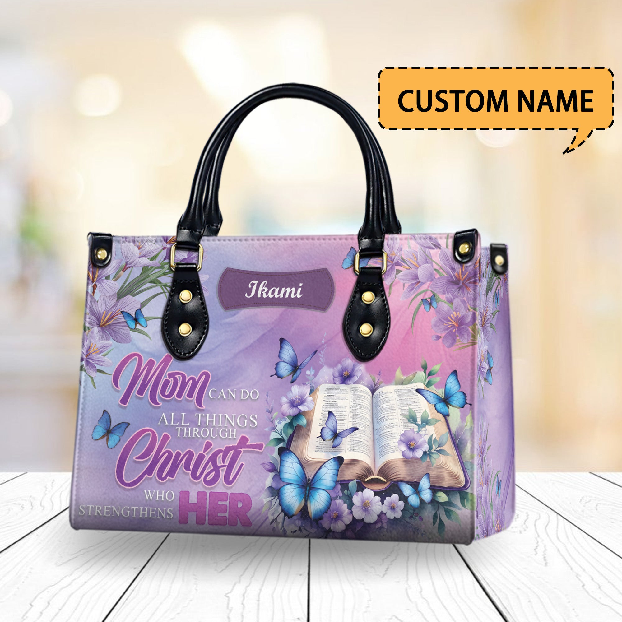 HB84- Custom Christian Mom Handbag – All Things Through Christ Tote Bag – Personalized Bible Verse Purse for Mother Gift