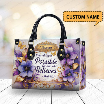 HB100 - Christian Handbag with Mark 9 23 Bible Verse, Custom Name Purple Faith Purse, Personalized Gift for Women Believers