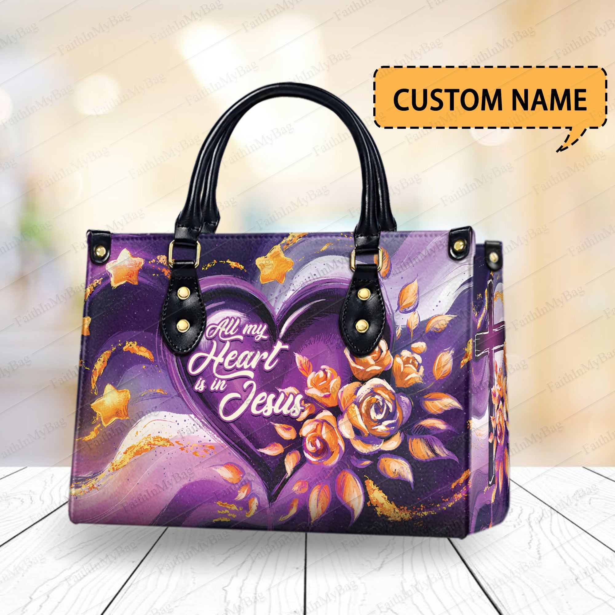 HB55 - Personalized Christian Handbag – "All My Heart Is in Jesus" PU Leather Tote Bag with Custom Name, Faith-Based Floral Purse Gift for Women