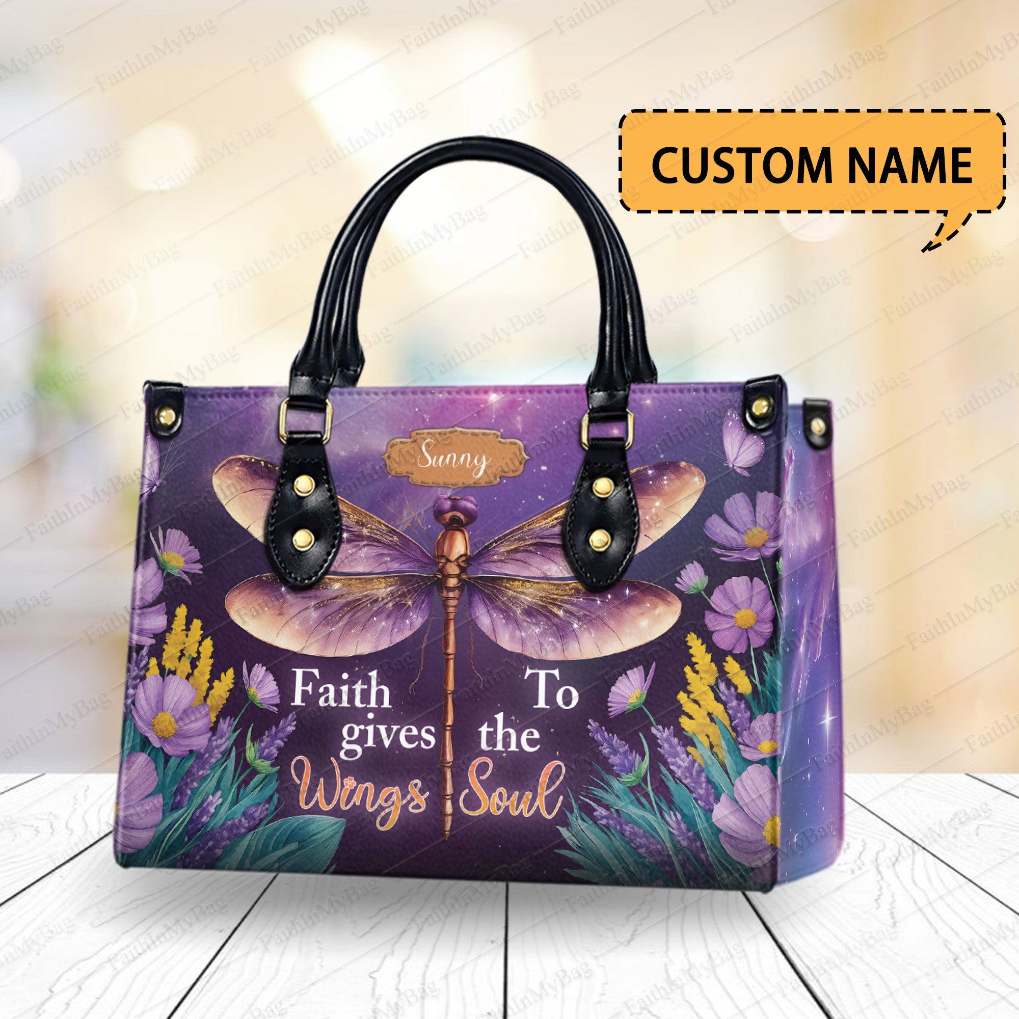 HB141 -Faith Gives Wings to the Soul Christian Handbag, Purple Dragonfly Custom Name Purse, Inspirational PU Leather Bible Verse Gift for Women