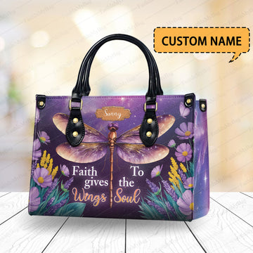 HB141 -Faith Gives Wings to the Soul Christian Handbag, Purple Dragonfly Custom Name Purse, Inspirational PU Leather Bible Verse Gift for Women