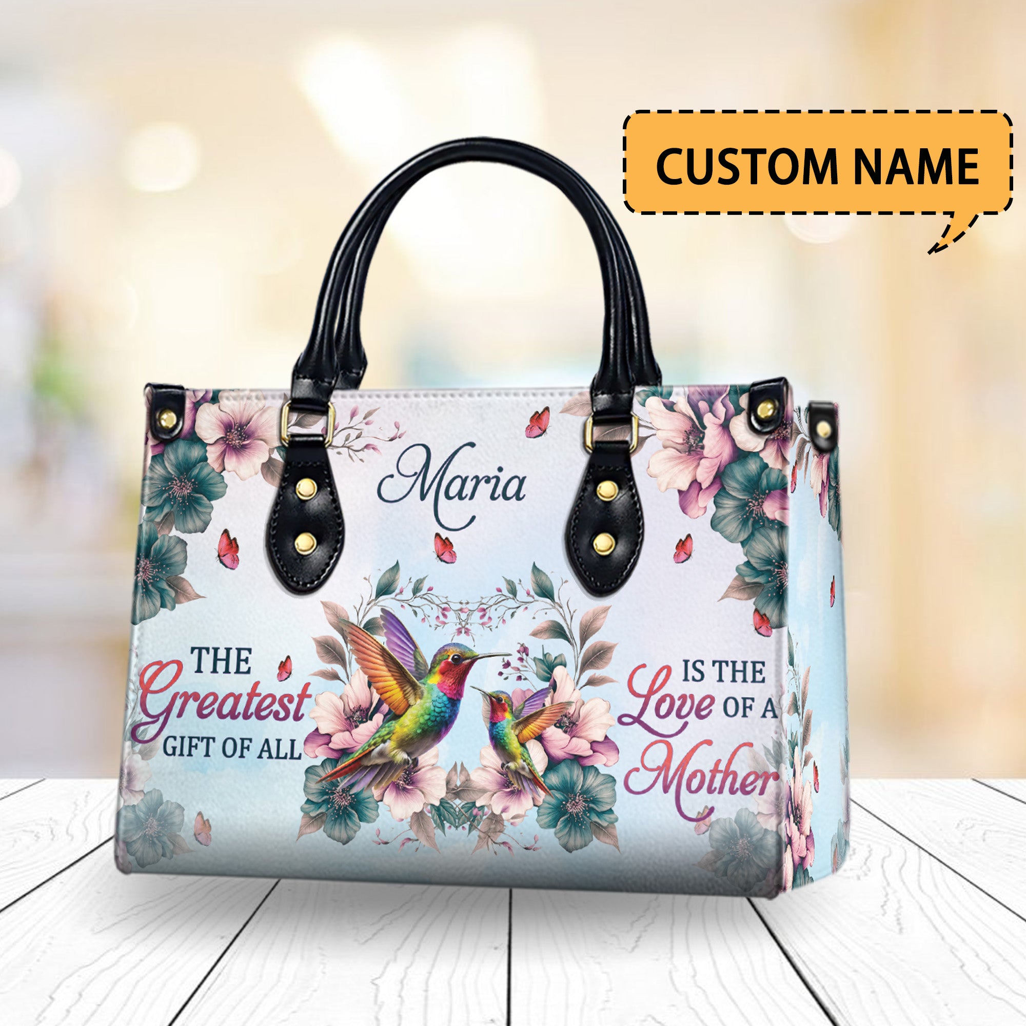 HB02-Personalized PU Leather Handbag for Mom - Hummingbird & Floral Design - Mother’s Love Quote - Elegant Tote Bag - Thoughtful Gift for Women