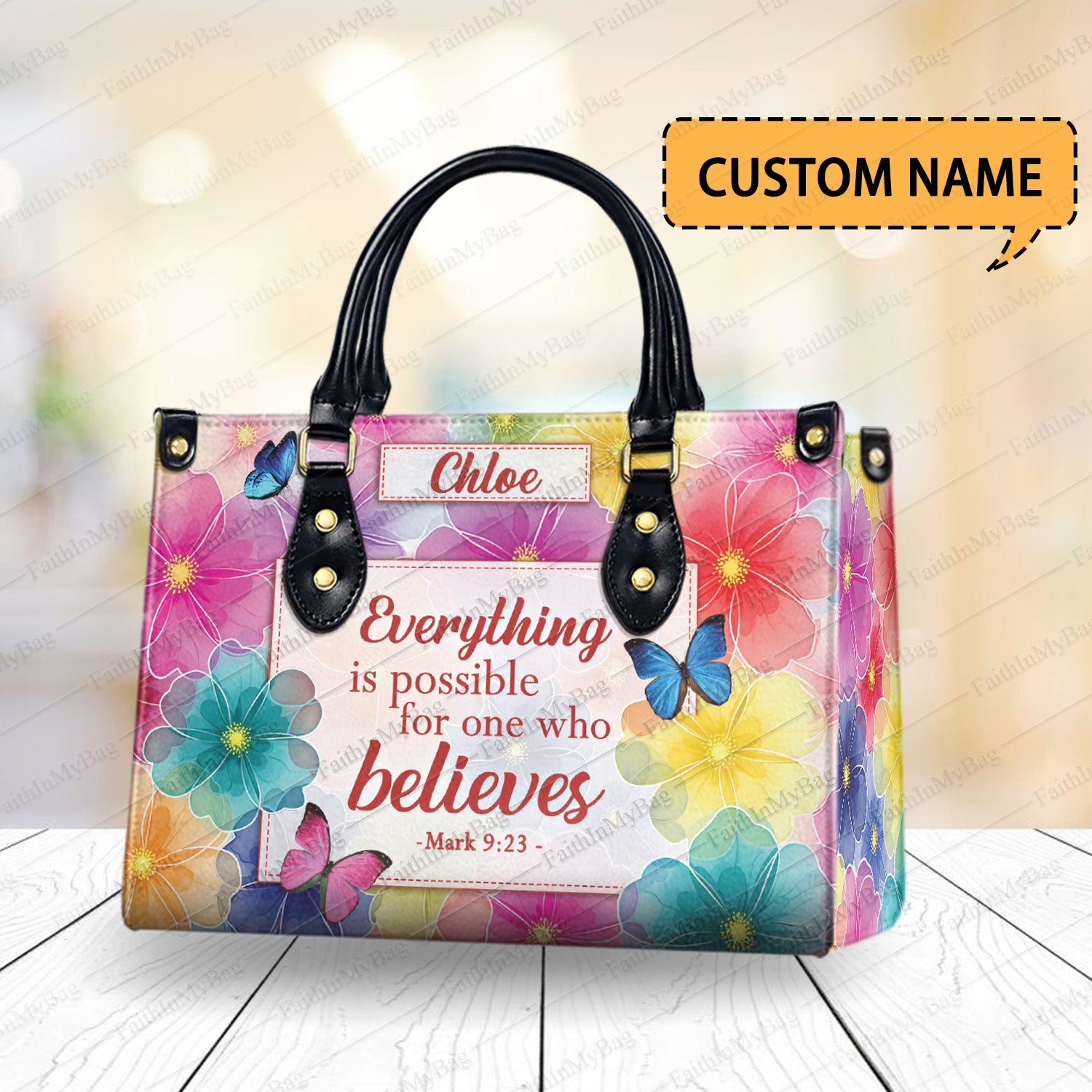 HB113 - Custom Christian Handbag with Mark 9 23 Bible Verse, Floral Faith Purse for Women, Personalized Scripture Gift