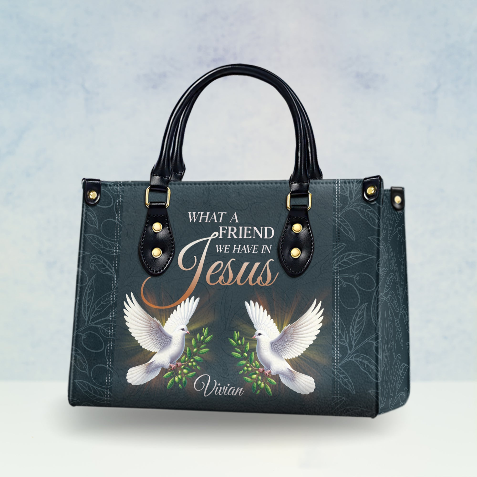 HB96 - Personalized Christian Handbag – What a Friend We Have in Jesus with Doves | Custom Name Faith Purse for Women