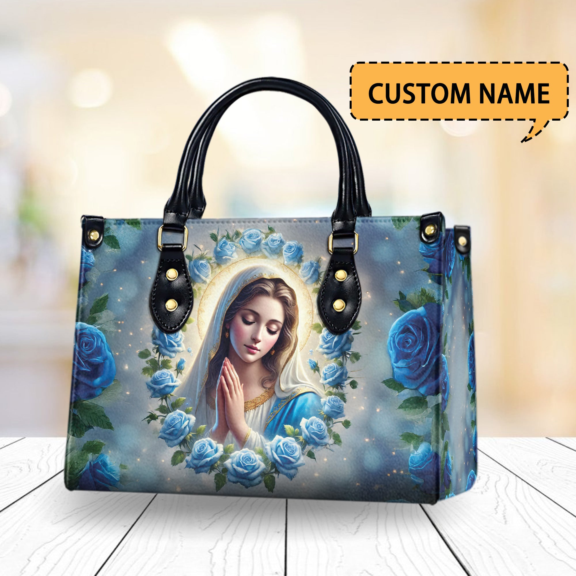 HB82-Personalized Virgin Mary Handbag – Blue Rose Christian Purse for Women, Catholic Gift, Faith-Based Religious Tote
