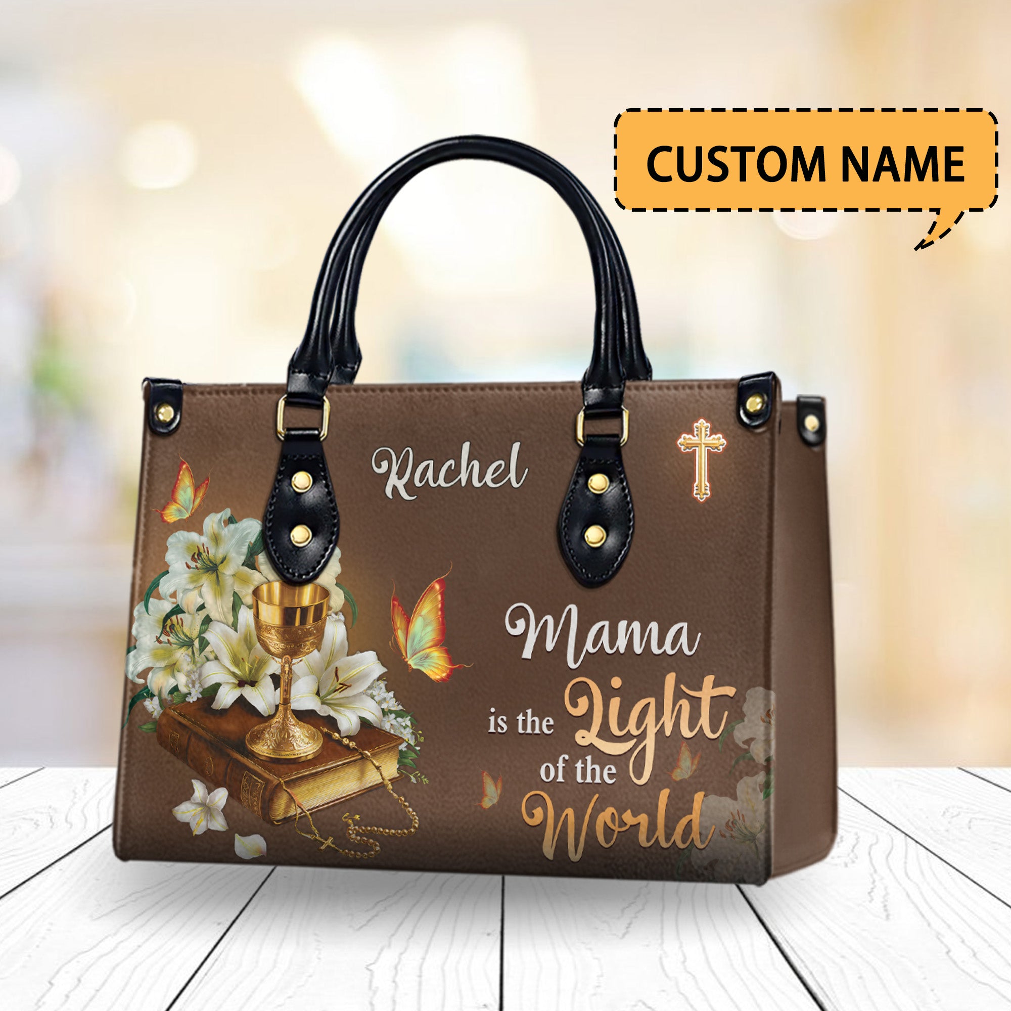 HB04-Personalized Christian PU Leather Handbag for Mom – Religious Tote with Bible, Chalice & Flowers – Faith-Based Gift for Mother's Day