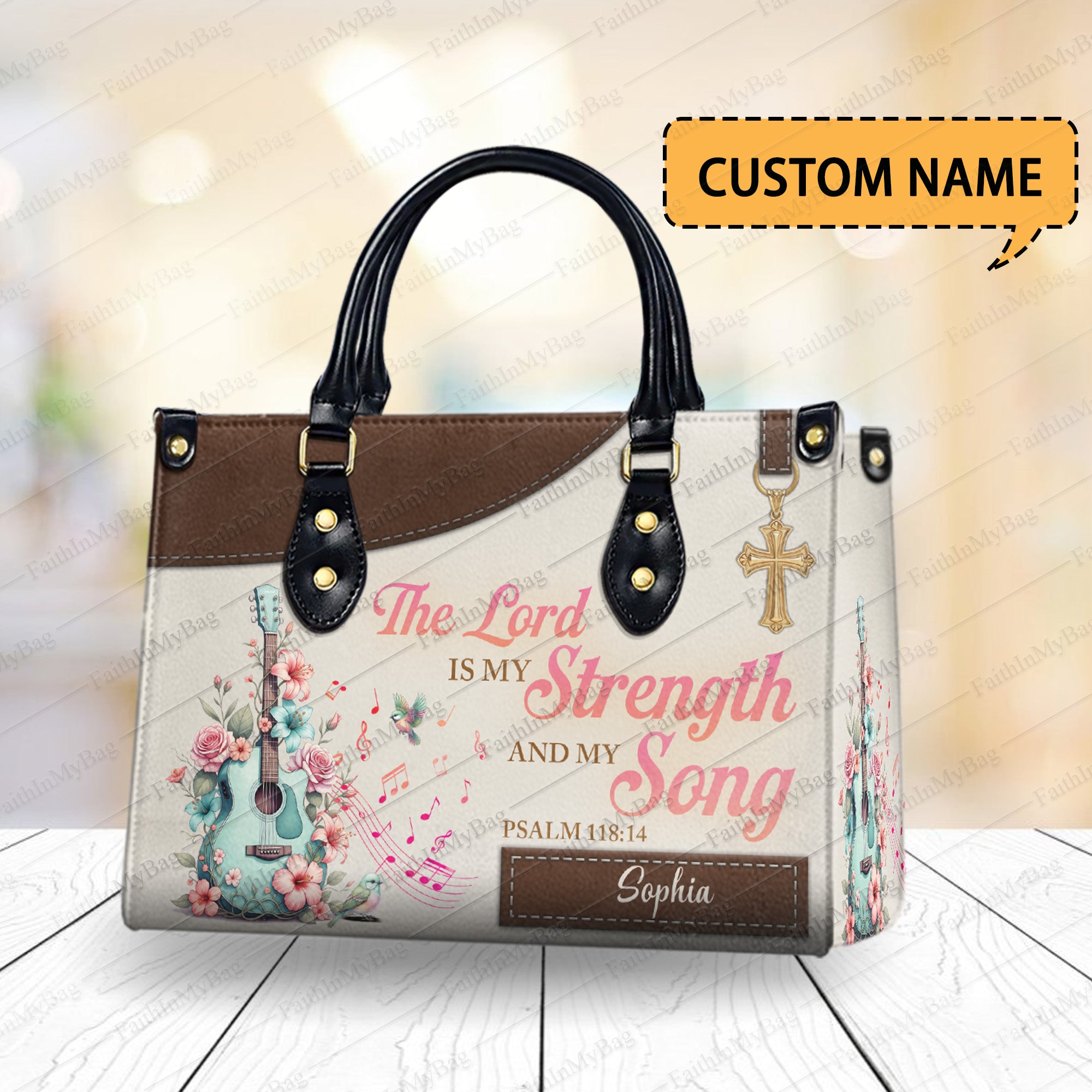 HB112 Christian Handbag with Psalm 118:14, Custom Name Purse, The Lord Is My Strength and Song, Faith Inspired Leather Bag Gift